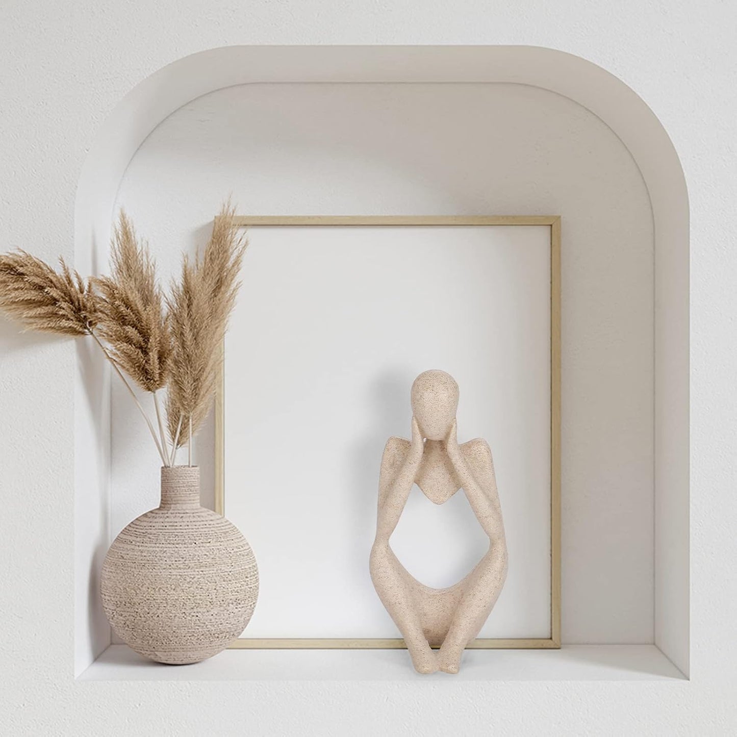 INNOLITES Boho Decor Thinker Statue Abstract Art Sculpture, Sandstone Resin Collectible Figurines for Home Living Room Office Shelf Decoration (Sandstone,Think)