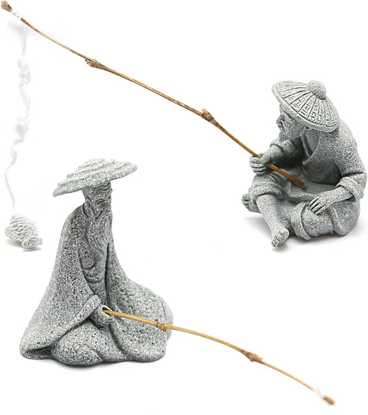 2PCS Mini Sitting Fishing Figurines Sandstone Vintage Ornament Japanese Decor for Fish Tank Pot Garden Home Aquarium Mini Fisherman Statue Asian Zen Decorations