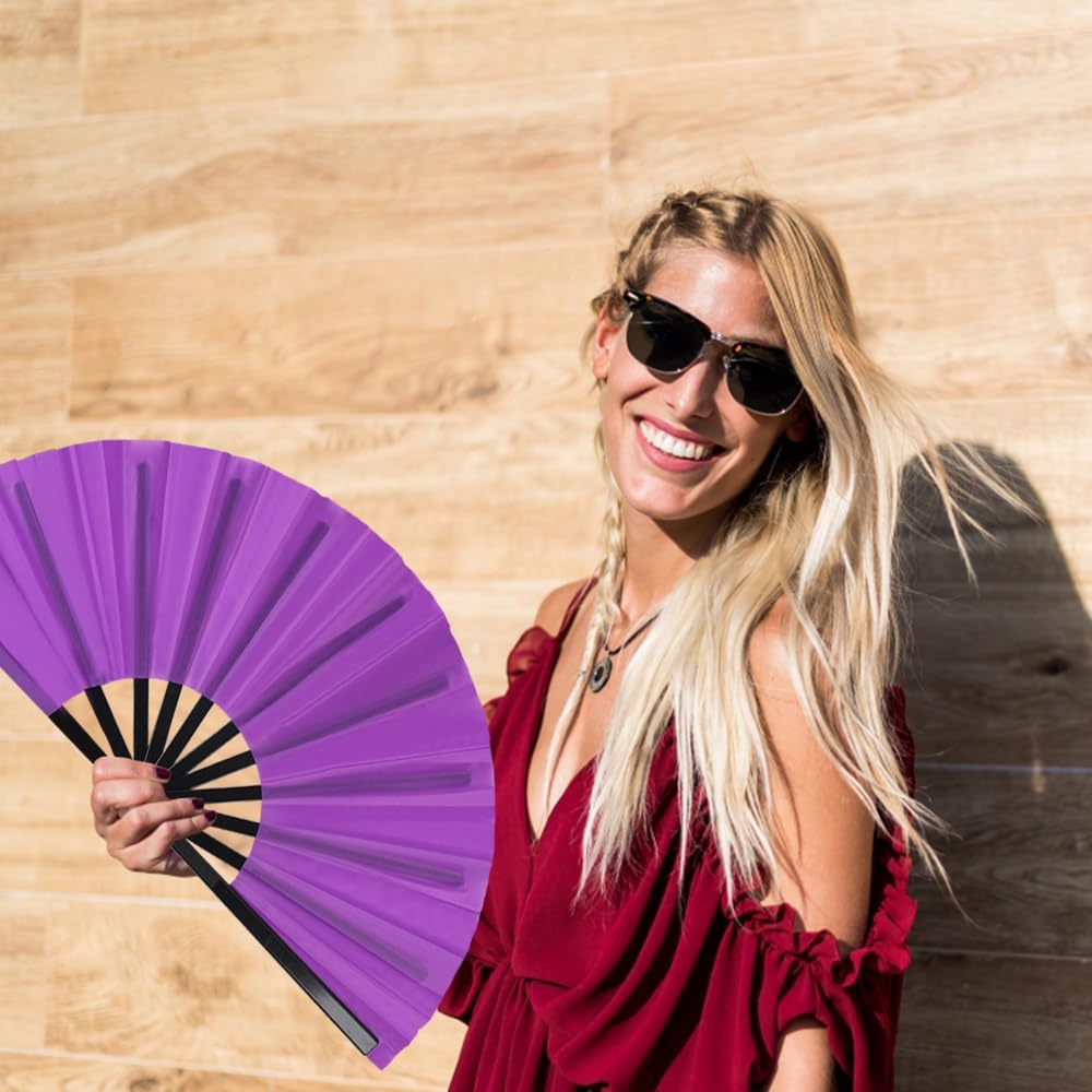 4 Pack Large Folding Hand Fan for Line Dance & Popping, Large Clap Rave Fan Chinese Kung Fu Hand Fan Decorative Folding Fans for Dancing Boots on The Ground(Purple)