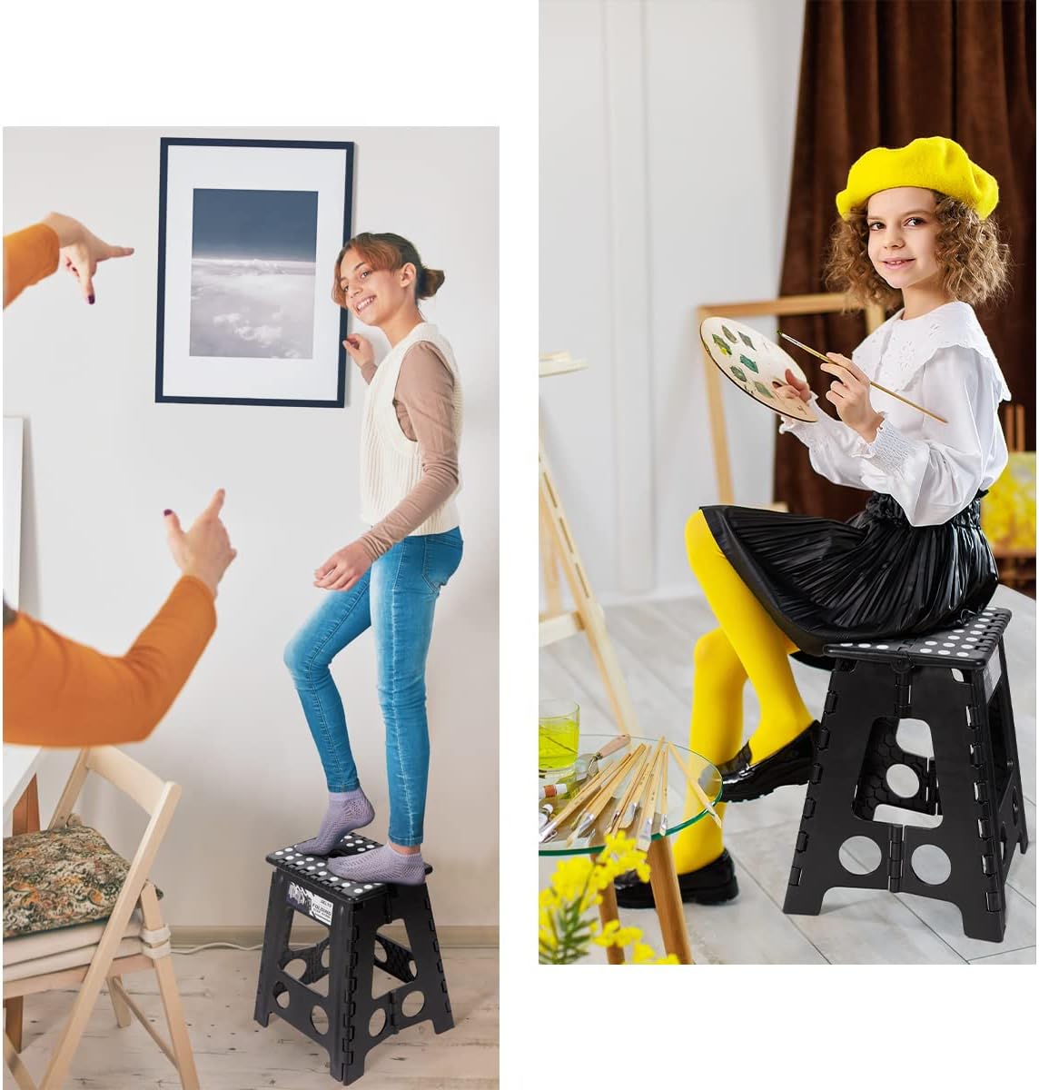 Delxo 16 Inch Folding Step Stool,Foldable Stool for Adults with Safety Lock,Portable Collapsible Plastic Stepstool,Non Slip Folding Stools for Kitchen Bathroom Bedroom Up to 400LBS,(Black 1PC)