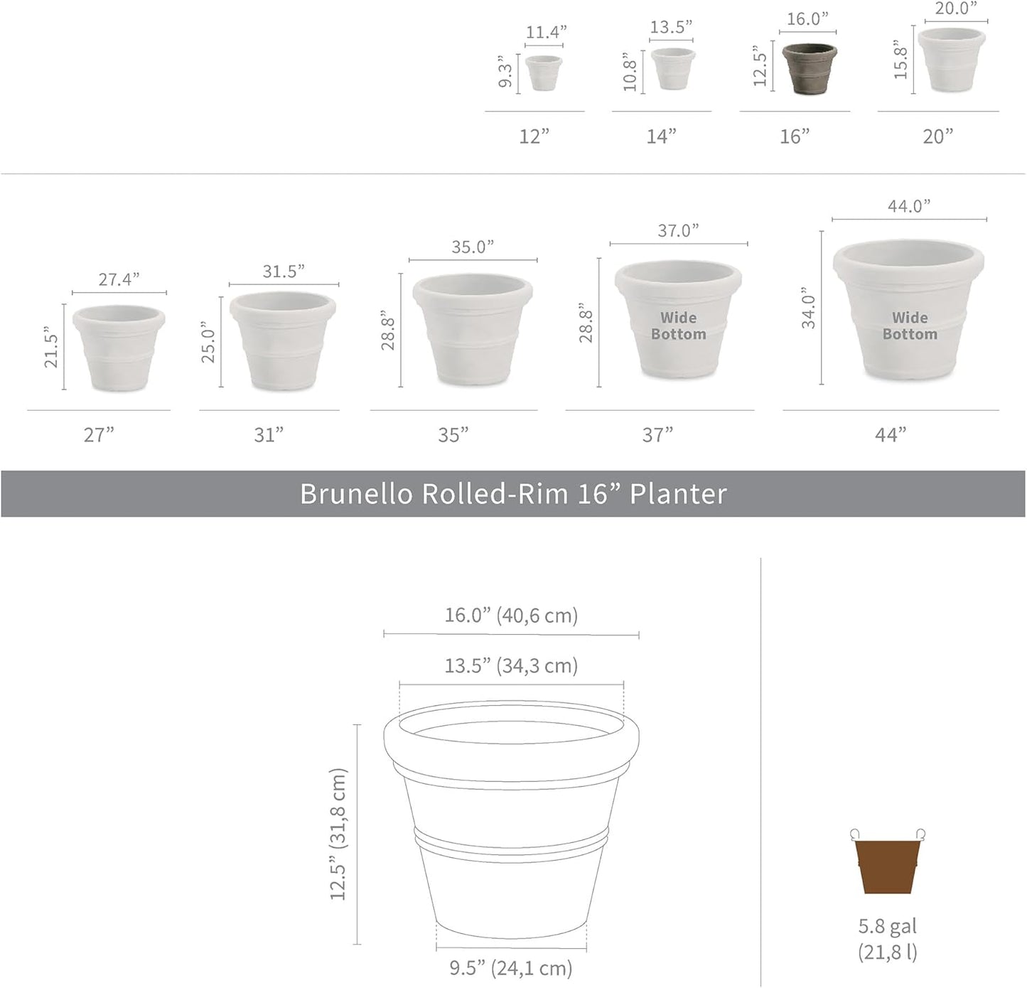 Crescent Garden Brunello Classic Rolled Rim Planter Pot, Indoor/Outdoor Weather-Safe Round Plant Pot, Premium Plastic Flowerpot for Houseplants, Herbs - 16''W (Parchment)