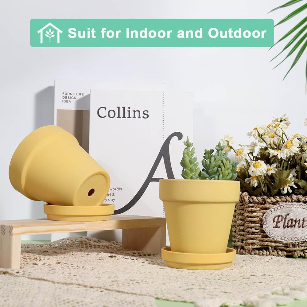 vensovo 6 Inch Yellow Terracotta & Clay Pots for Plant with Saucer - 4 Pack Medium Terra Cotta Planter with Drainage Hole, Flowerpot for Indoor Outdoor Plants, Crafts, Wedding Favor