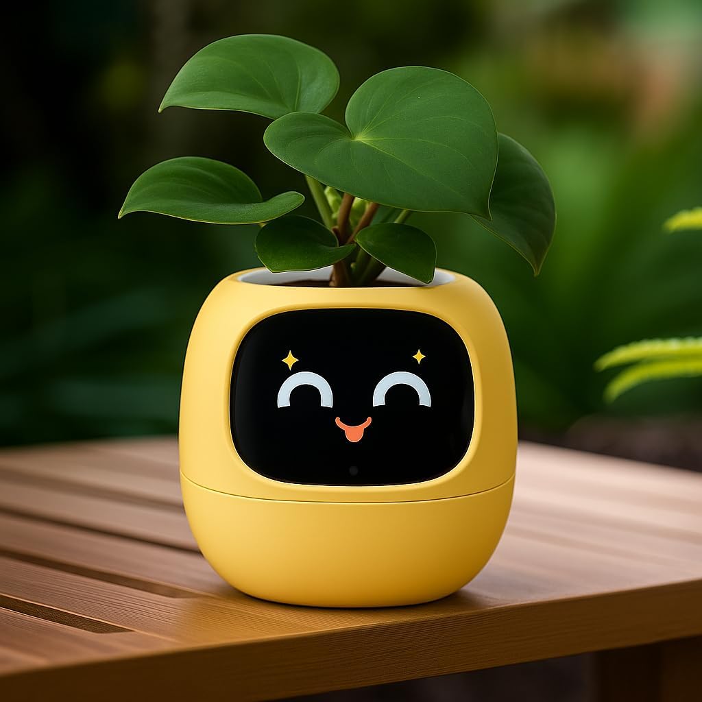 Interactive Plant Pot – Smart Planter, AI Pet Plantagotchi, tamagotchi, Leafypod and Plantiboy, Robot Flower with Feelings, Electric Maceta, Indoor Flowerpot with Water, Digital Gifts (yellow)