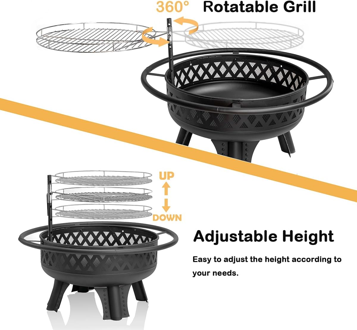 32 Inch Outdoor Fire Pit with Grill, Wood Burning Firepit for Outside with Lid/Fire Poker, Metal Round Fire Pit Table for Patio Backyard Garden Bonfire Party