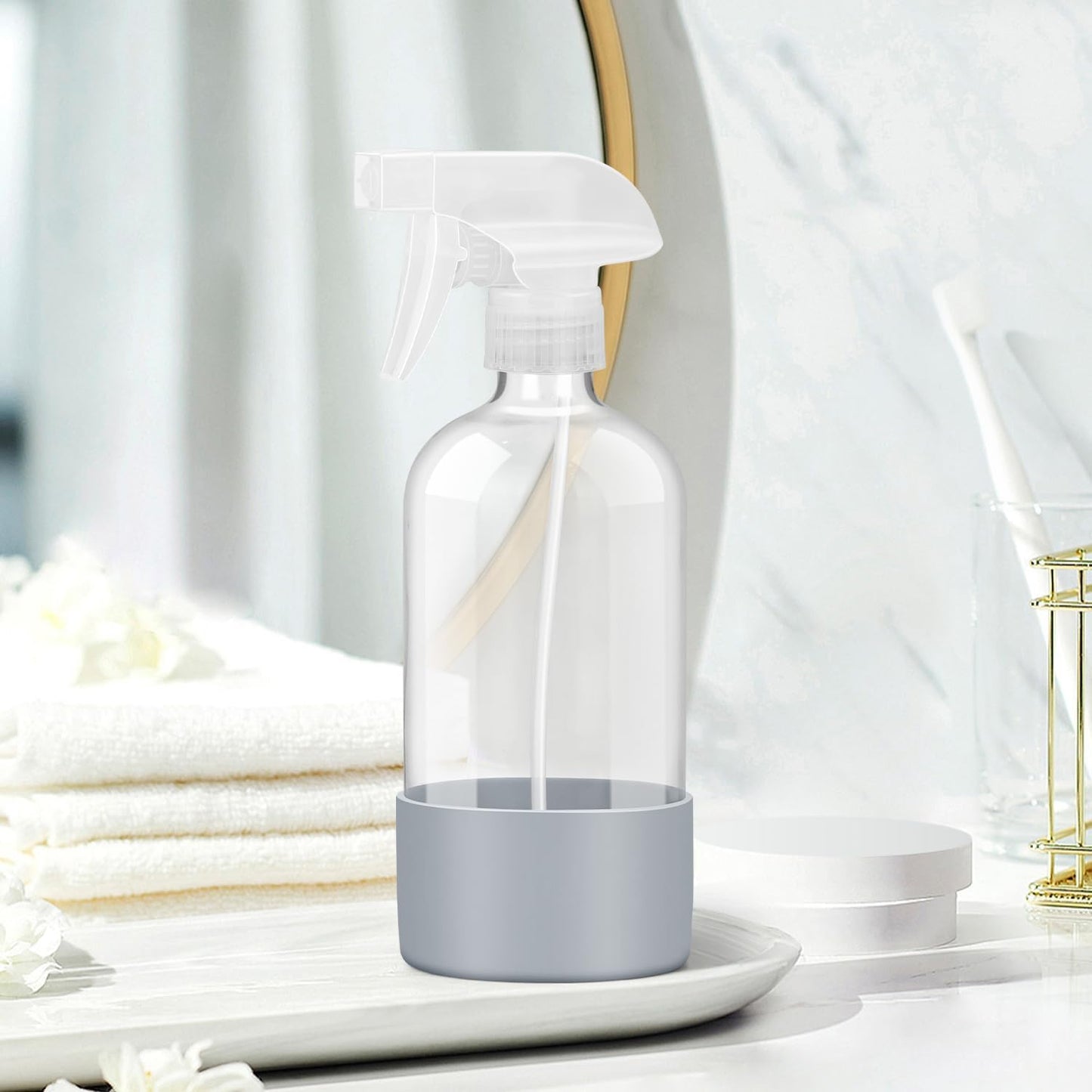 Glass Spray Bottles with Silicone Sleeve Protection, Empty 16 oz Refillable Containers, Reusable Spray Bottles with Adjustable Nozzle for Hair, Cleaning Solutions, 3 Pack Grey