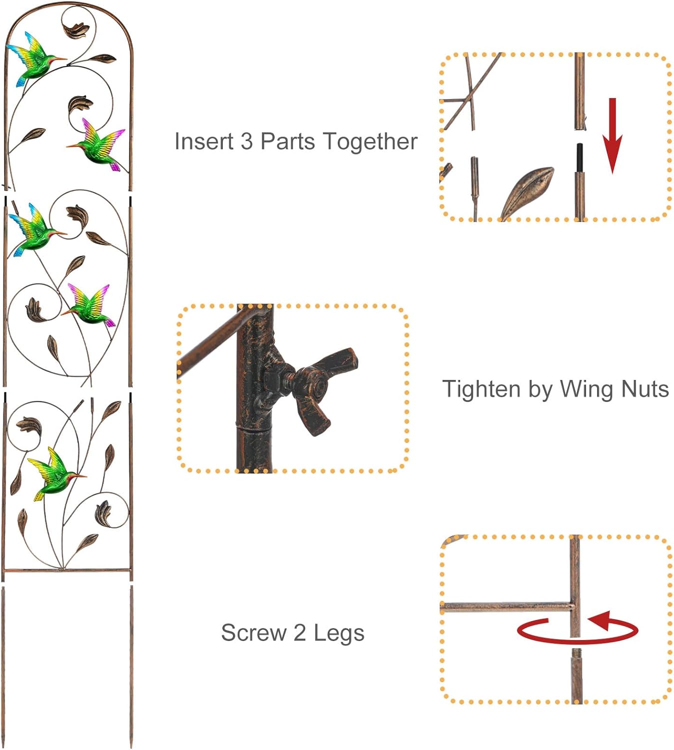 LEWIS&WAYNE 2 Pack Metal Garden Trellis with Colorful Hummingbird 60 Inch High Outdoor Decoration Arched Fence Trellis for Climbing Plants for Patio, Lawn, Yard, Backyard, Wall Brackets
