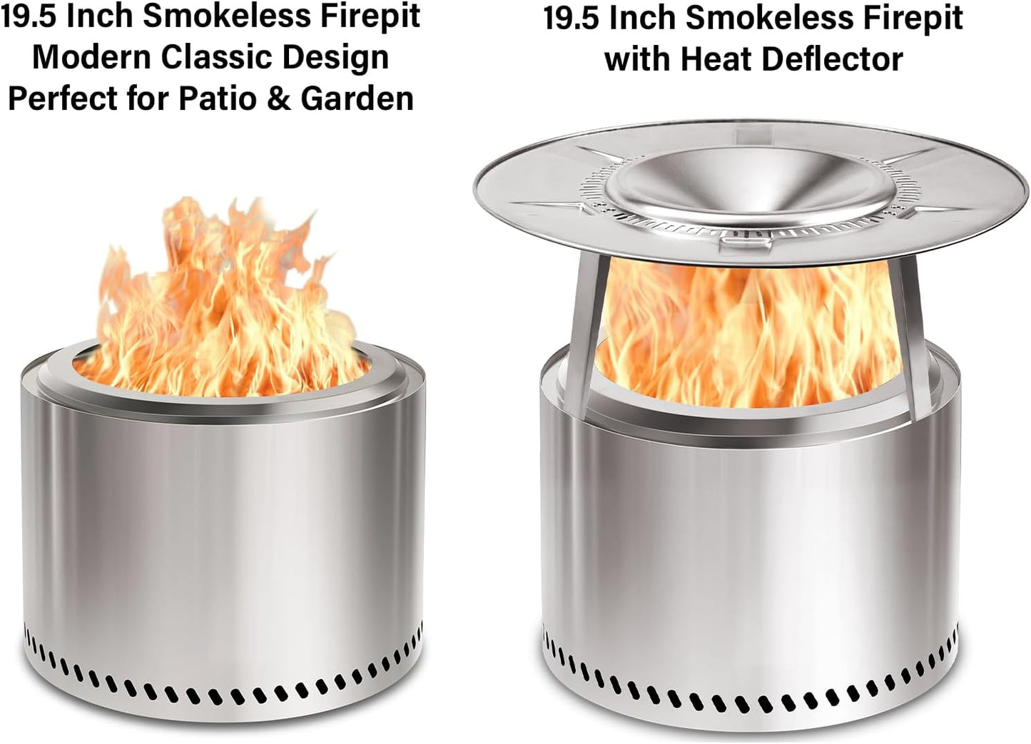 HGD 19.5" Smokeless Fire Pit Outdoor, Stainless Steel Wood Burning Firepit with Secondary Combustion, Backyard Patio Stove for Garden, BBQ & Bonfire