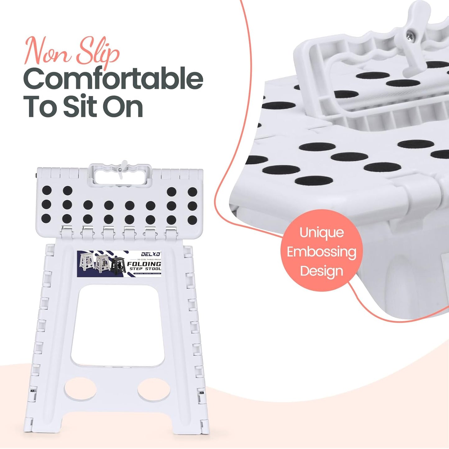 Delxo 16 Inch Folding Step Stool, White Step Stools for Kids Foldable,Portable Collapsible Step Stool with Handle, Folding Stool for Kitchen Bathroom,Bedroom,Garden