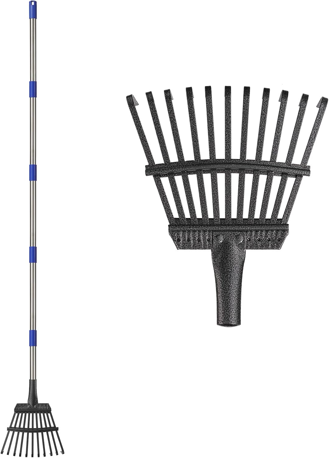 Small Graden Rake - 8 inch Width Metal Leaf Rake for Gardening, Yard, Flower Beds, Mulch, Shrub Long Handle, 6ft