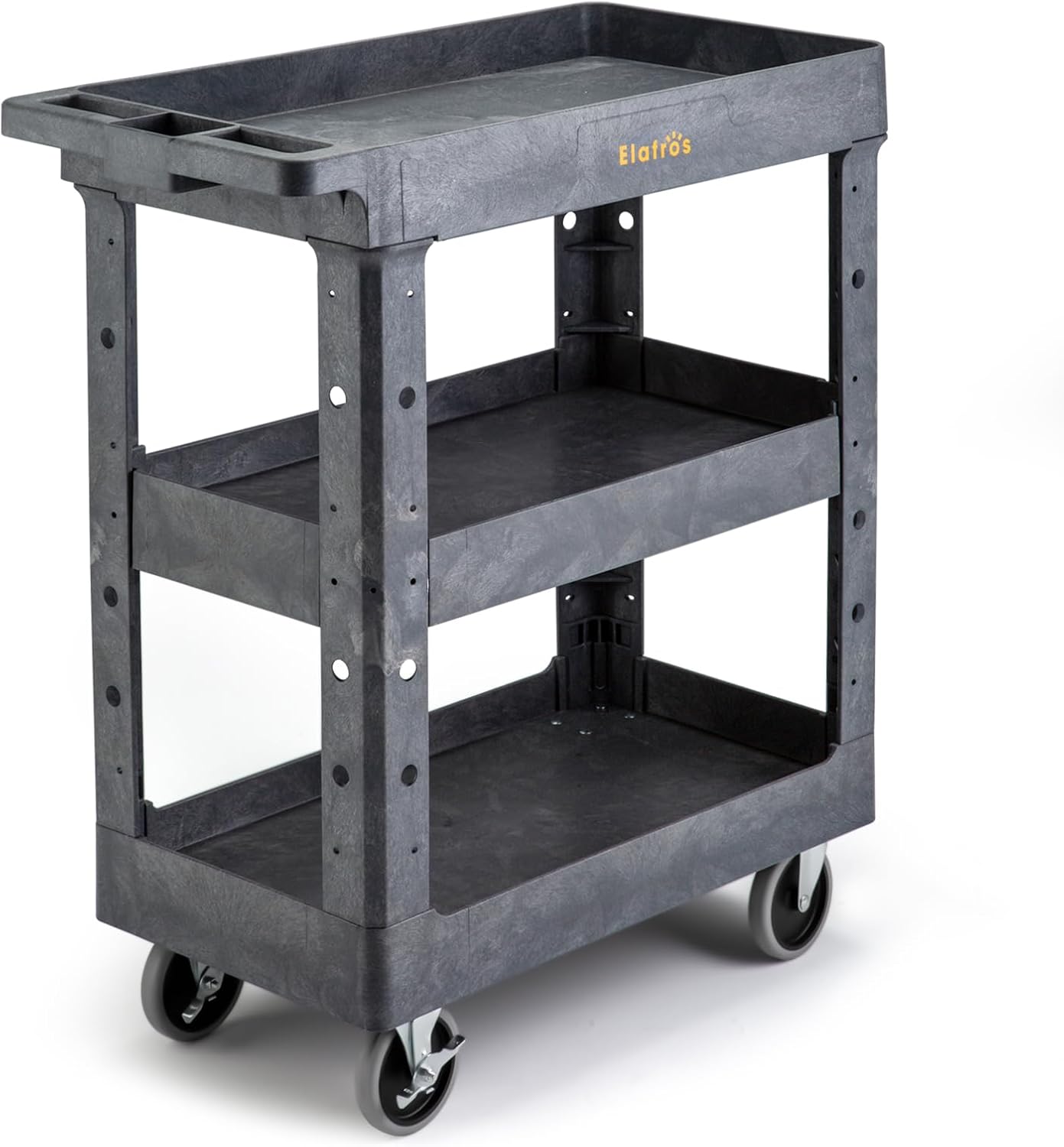 ELAFROS 3 Shelf Heavy Duty Plastic Utility Cart 34 x 17 x 38.5 Inch - Work Cart with Full Swivel Wheels Deep Shelves and Safely Holds up to 550 lbs - 3 Tier Service Cart Tool cart, Gray