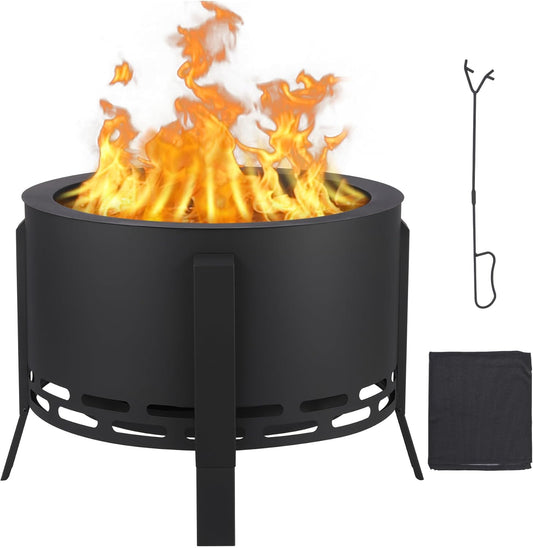 26" Smokeless Fire Pit with Ash Tray Base,Smokeless Outdoor Firepits with Adjustable Foot&Fire Poker,Firepit with Dust Bag,Outdoor Fire Pits for BBQ,Bonfire,Camping