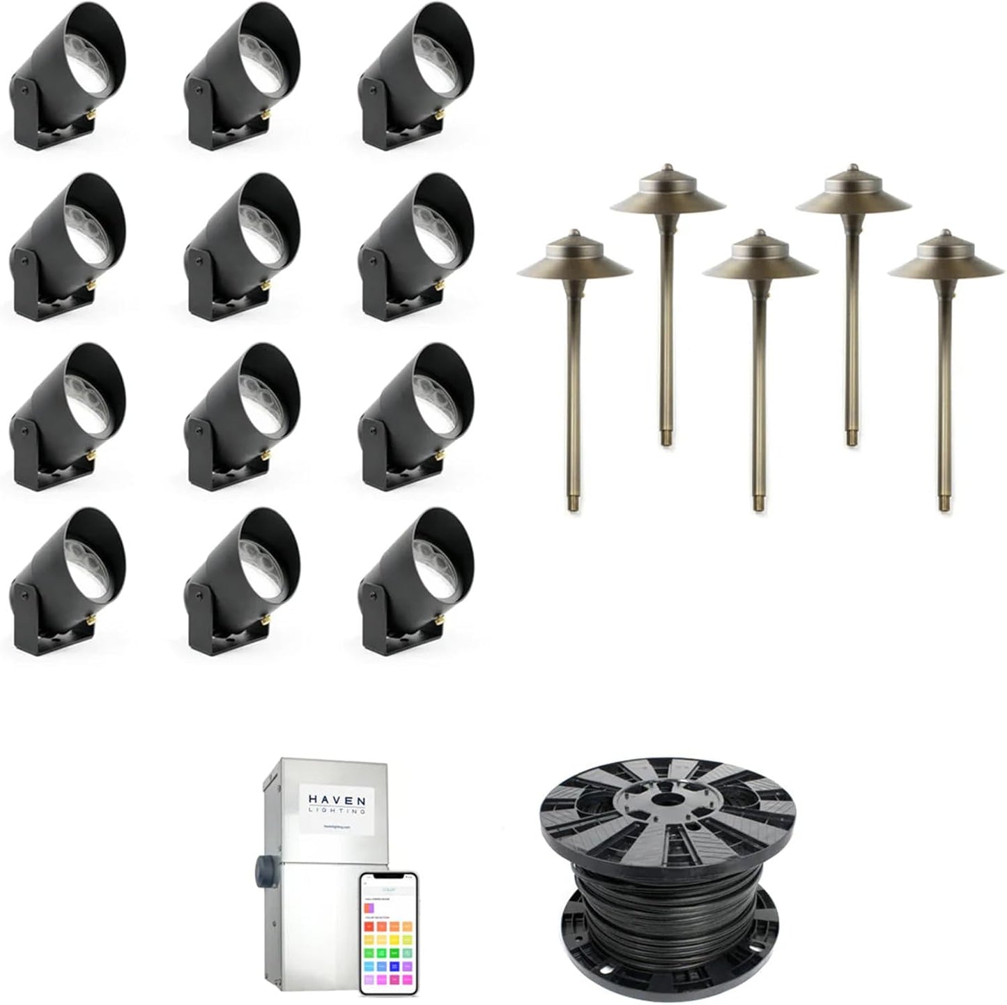 Haven Lighting 9 Series Pro Landscape Lighting Kit - Professional-Grade App Controlled Smart Lights with WiFi - Color Changing Exterior House Lighting, 12-Up/5-Path LED Lights