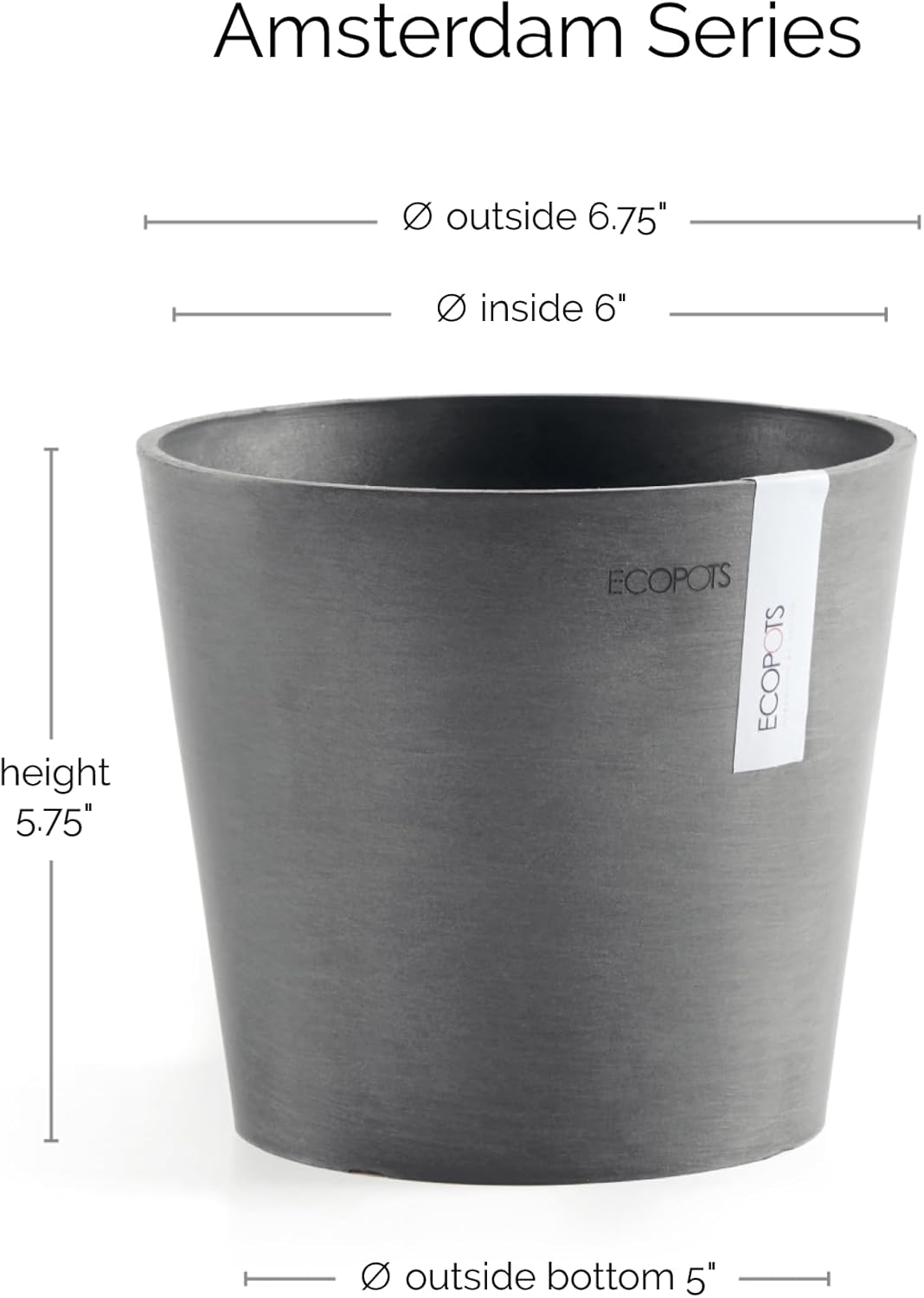 Ecopots Amsterdam Mini Durable Modern Round Recycled-Based Composite Flower Pot Planter, Grey, 7"