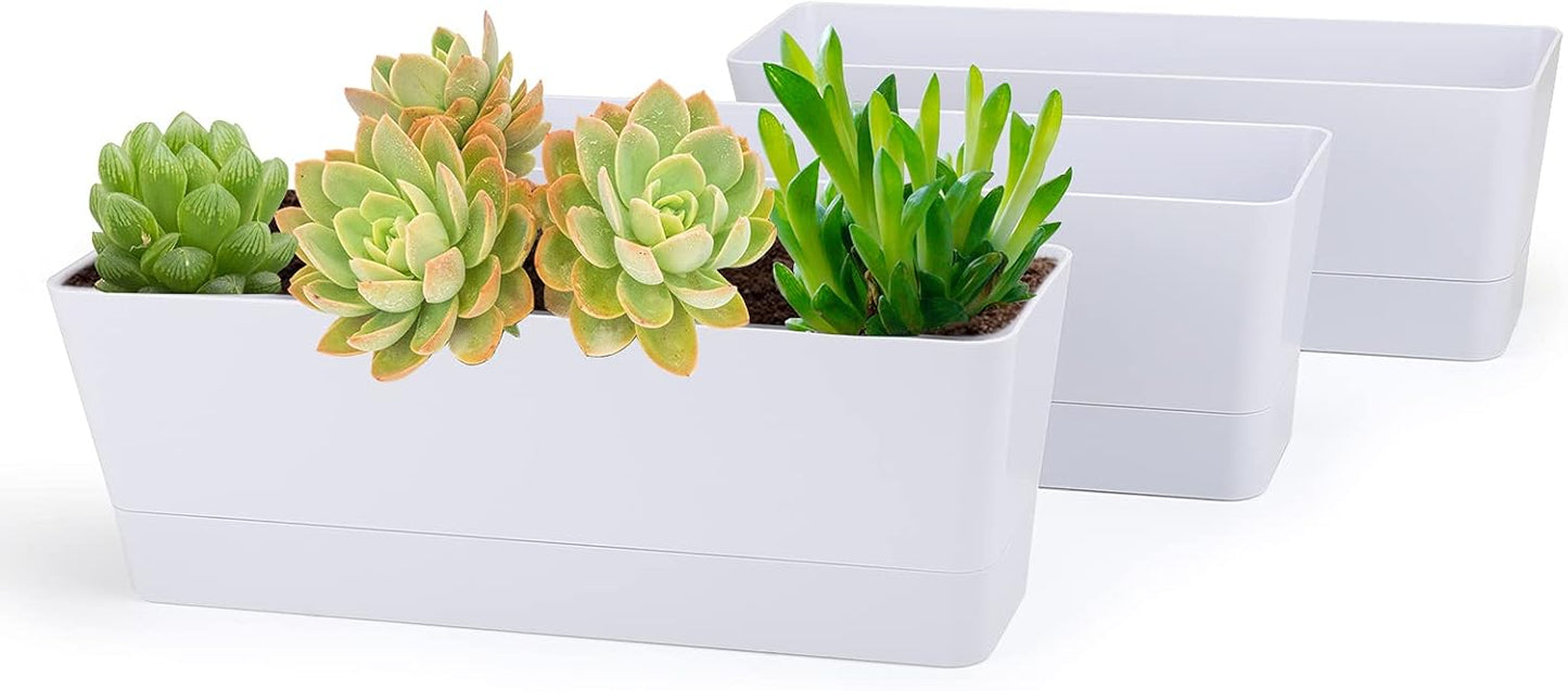 GREANER Flower Boxes, 3 Pack 12x3.8 Inch Rectangle Window Boxes, Herb Planters with Tray, Indoor Succulent Cactus Flowers Plastic Drawable Pot for Windowsill, Garden, Balcony, Office Outdoor (White)