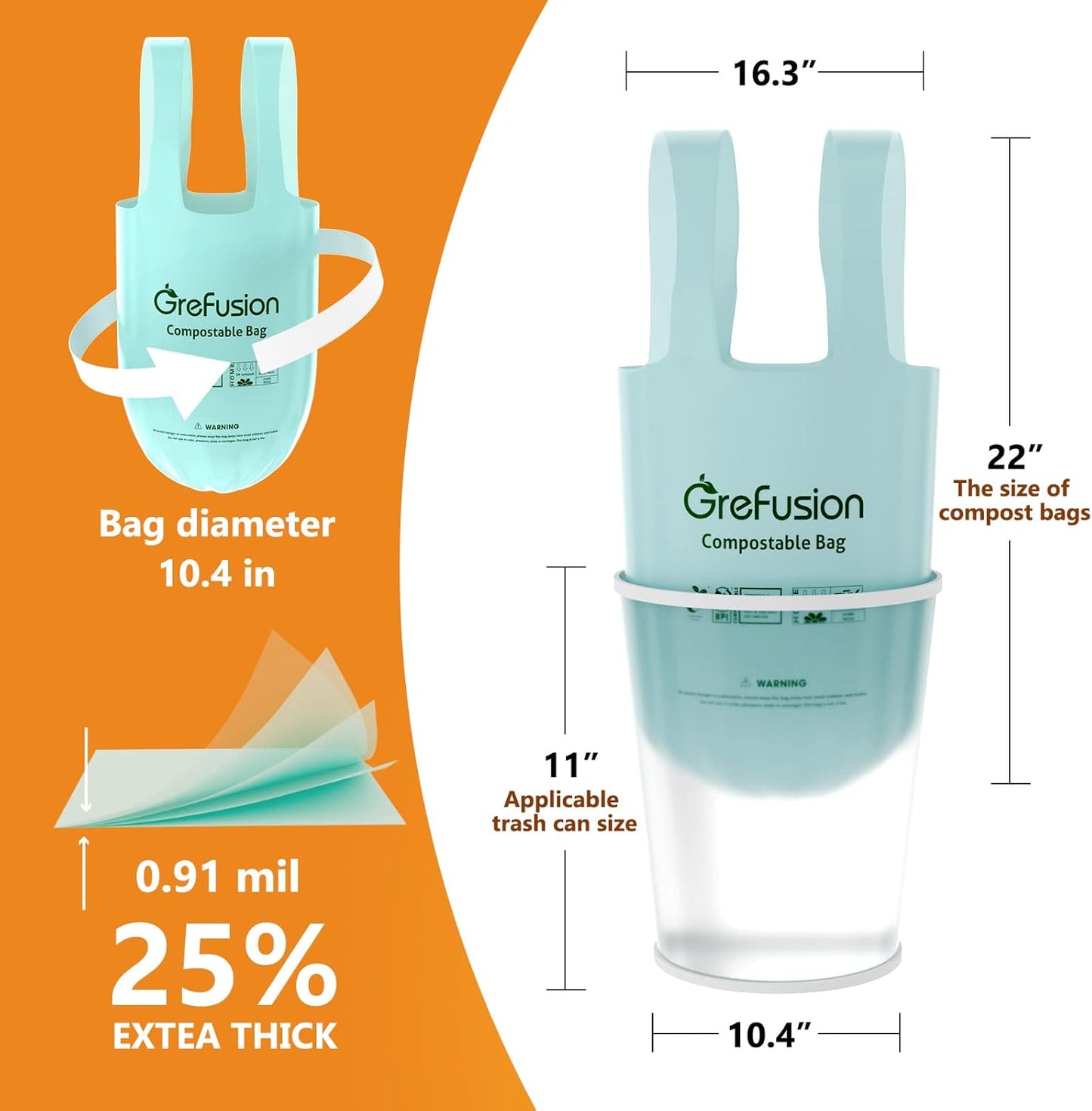 Compostable Trash Bags with handle-tie,Garbage Bags, 2.6 Gallon,Food Waste Bags,Small trash bags for compost bin kitchen,Certified by BPI and OK Compost (2.6G-50count)