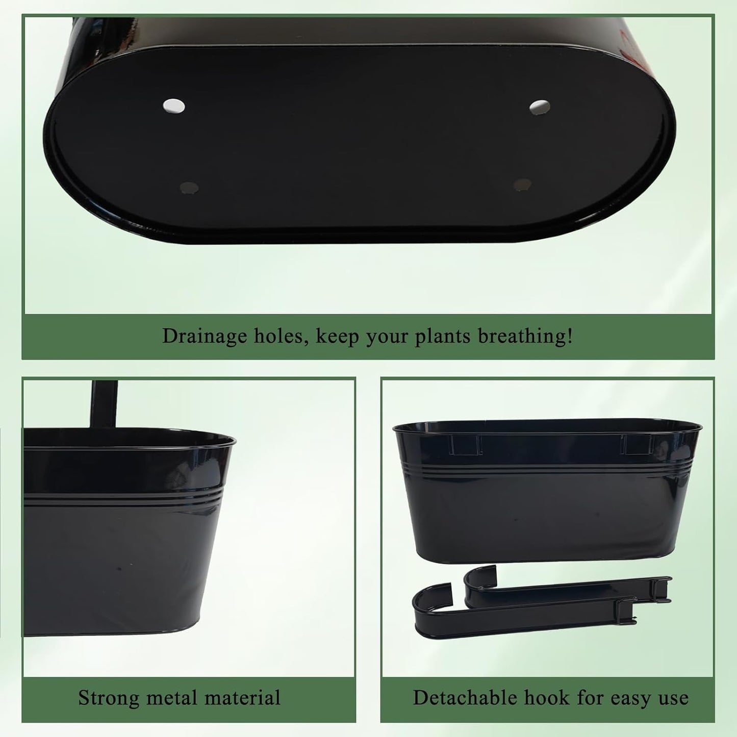 Hanging Planters for Outdoor Plants, 17" Railing Planter Pots, Metal Fence Flower Pot for Porch Balcony with Detachable Hook (Black, Pack of 2)