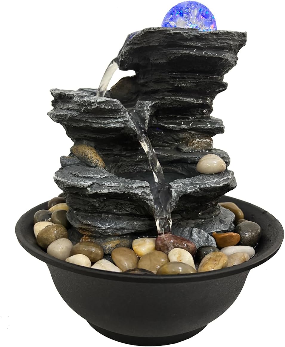 Indoor Tabletop Water Fountain Rotating Ball Rock Waterfall Fountain with Colorful Lights and Natural River Rocks, Zen Meditation for Home Office Decor