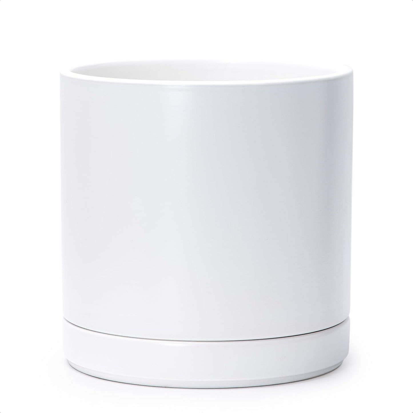 D'vine Dev 10 Inch Ceramic Planter Pot with Drainage Hole and Saucer, Indoor Cylinder Round Planter Pot, White, 94-O-E-1
