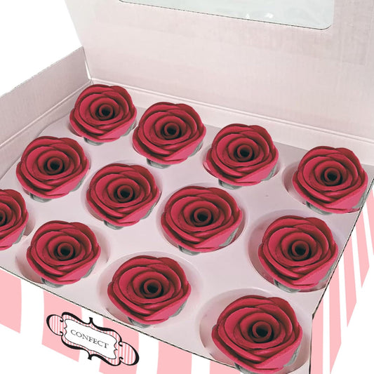 Confect Edible Flower | Edible Flower for cake decorations | Edible Flower Cupcake Toppers | Cupcakes & Doughnut Edible Toppers | Rich Deep Burgundy Sugar Flower- Pack of 12