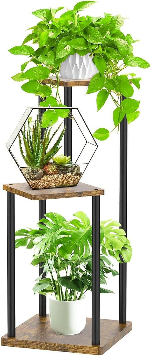 3 Tier Plant Stand Indoor, Metal Wood Tiered Corner Plant Stands Pot Holder, Wood Flower Shelf Orchid Display Rack for Living Room Bedroom Outdoor Balcony Garden Patio, Black