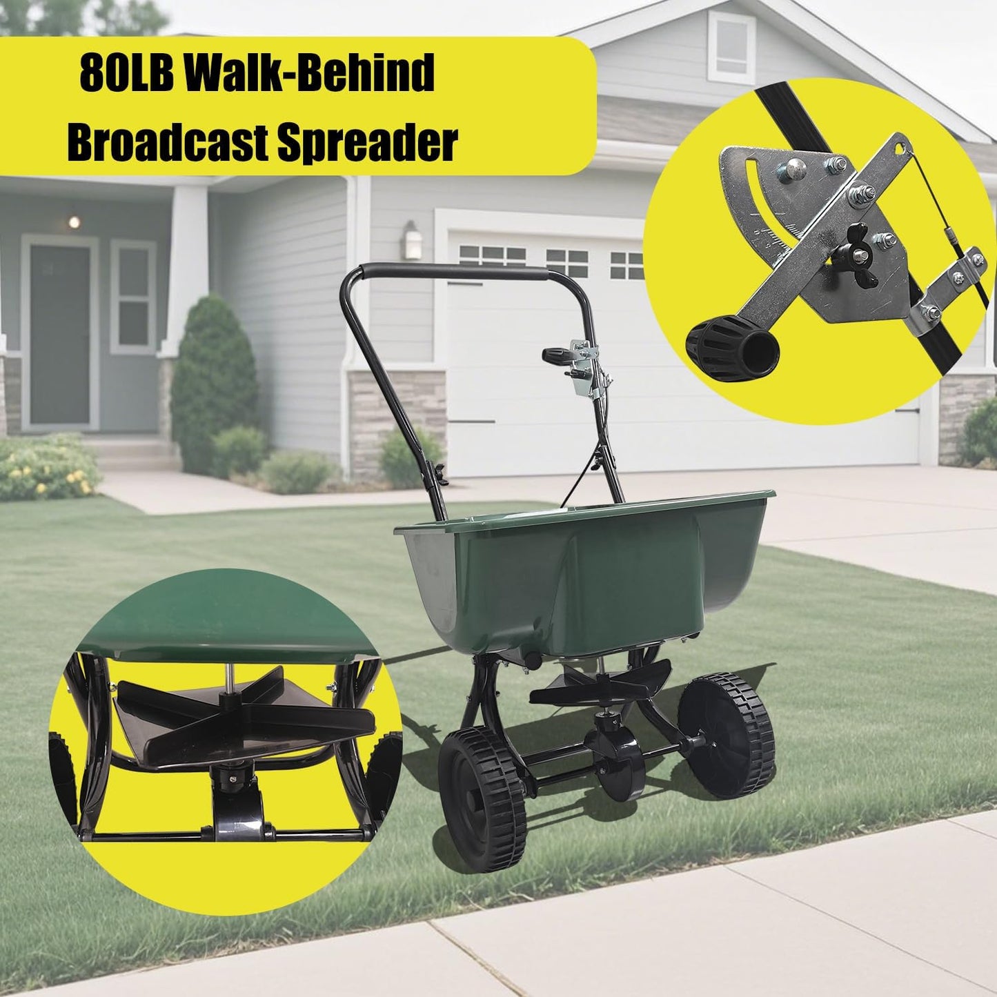 80LB Walk-Behind Broadcast Spreader for Seed,Fertilizer,Salt,Ice Melt, Fertilizer Spreader with Adjustable Drop Rate, Seed Spreaders for Lawns