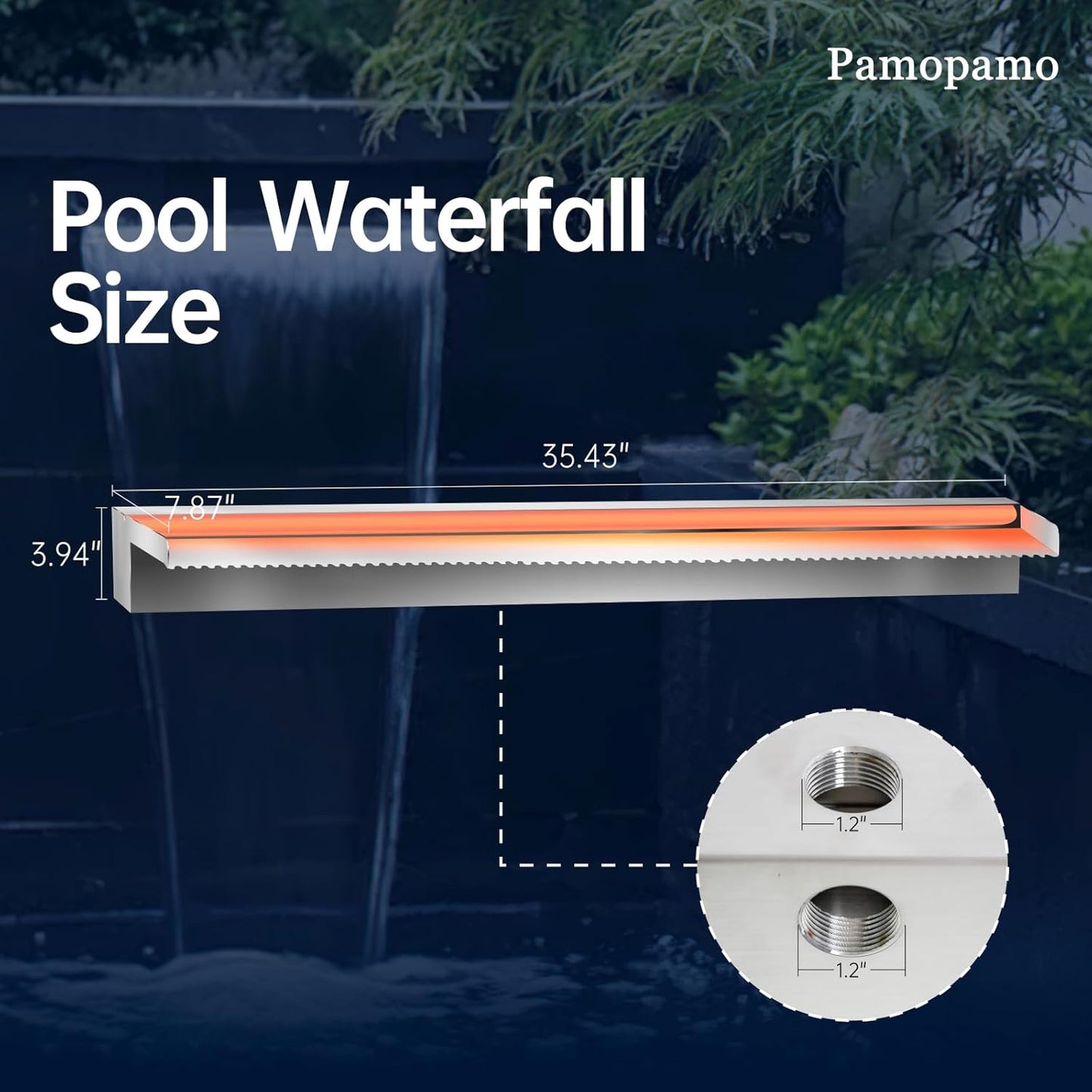 Pond Waterfall Spillway Stainless Steel Pool Fountain, APP Control LED Lighted Waterfalls Kit, Outdoor Water Flow Waterfalls Kit for Garden Patio Koi Pond Decoration-35.4"x7.8"x3.9"