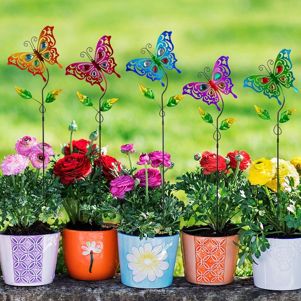 Butterfly Garden Decor for Outside,Colourful Butterfly Decorations Garden Kit 5 Pcs with Gems,Metal Yard Art Outdoor Garden Stakes Decorative Patio Home Decor