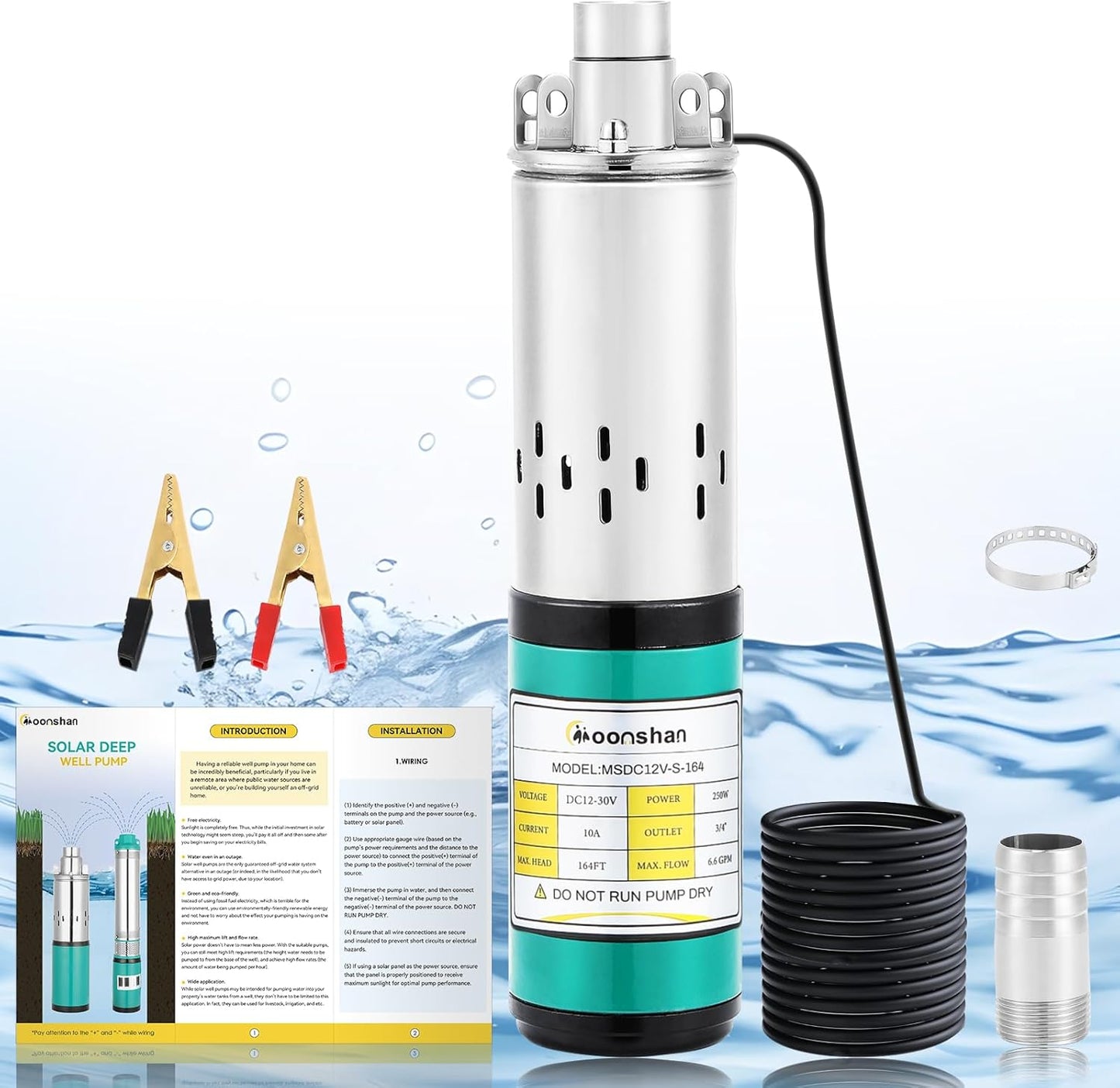 24V DC Deep Well Pump Solar Submersible Water Pump, Max Head 164 FT, Max Flow Rate 6.6 GPM, Stainless Steel Screw Pump for Well, Livestock, Water Reservoir