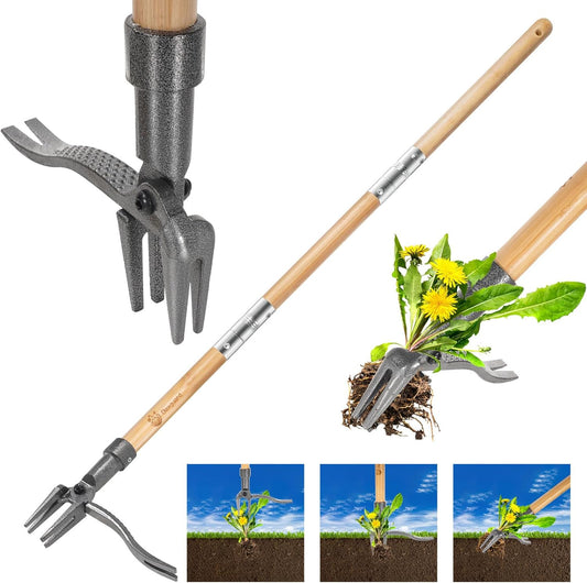 Weed Puller-The Original Stand Up Weed Puller Tool,Adjustable 44-31.5" Bamboo Handle with Heavy Duty 4-Claw Cast Steel Head - Foot Step Design, No Bending Required - Garden & Yard Weeder