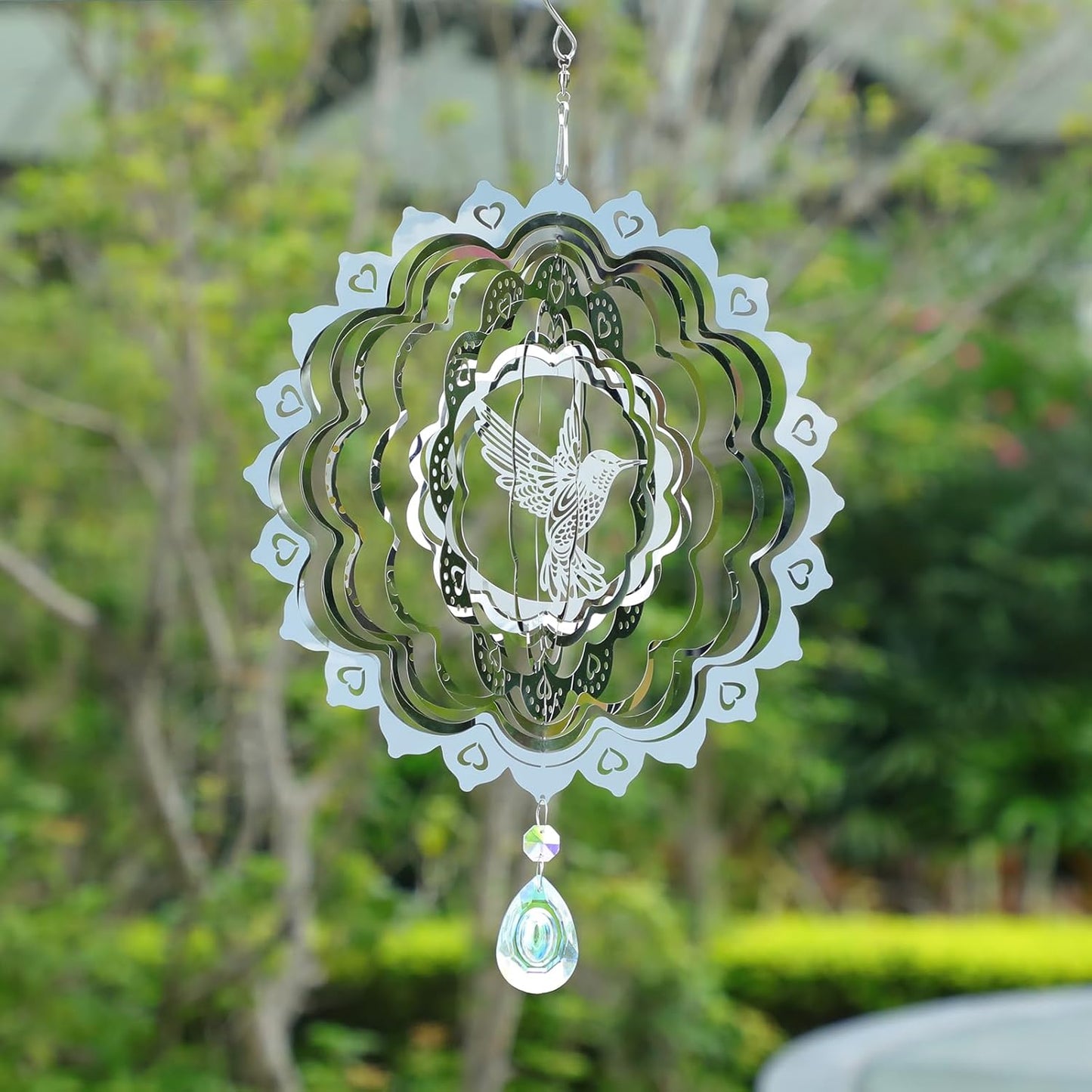 3D Wind Spinners Outdoor Flowing-Light Effect Metal Garden Decor, Highly Reflective Bird Deterrents for Outside, Mirrored Wind Sculptures to Scare Birds Away from Yard Patio Farm (Hummingbird-Silver)