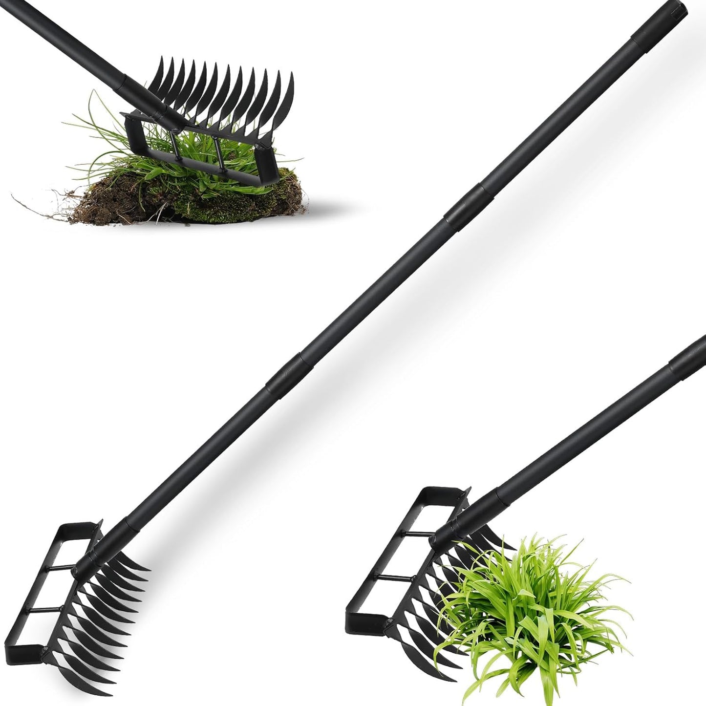 Stirrup Hoe Garden Tool Weed Puller with 76.8Inch Adjustable Stainless Steel Handle, Heavy Duty Hula Hoe and 12 Tines Rake 2 in 1 Gardening Tools Garden Cultivator for Weeding Soil Loosening, Black