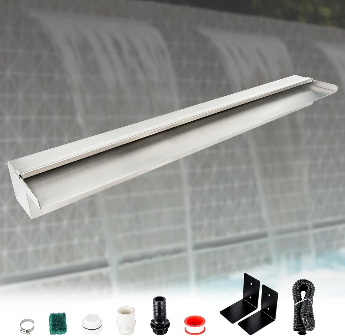 36 Inch Pool Fountain 304 Stainless Steel Waterfall Spillway with Pipe Connector Kits, Wider Water Flow Sheer Descent Platform Water Feature Fountain for Swimming Pool, Outdoor Garden Decor