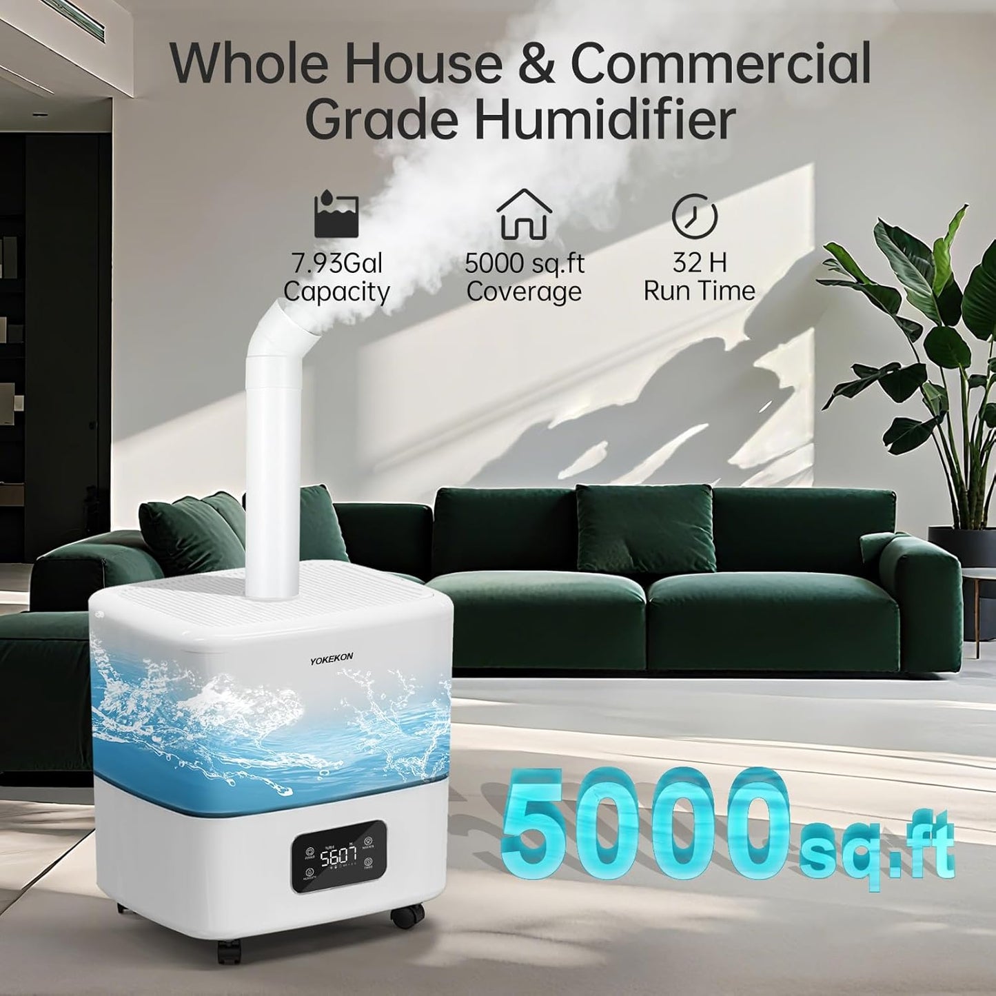 Humidifier Large Room, 30L/7.93Gal Large Commercial Humidifier 5000 sq.ft, Top-Fill Whole House Humidifiers with Extension Tube, 3 Mist Mode, Timer – Ideal for Plants, Office, Warehouse & Greenhouse