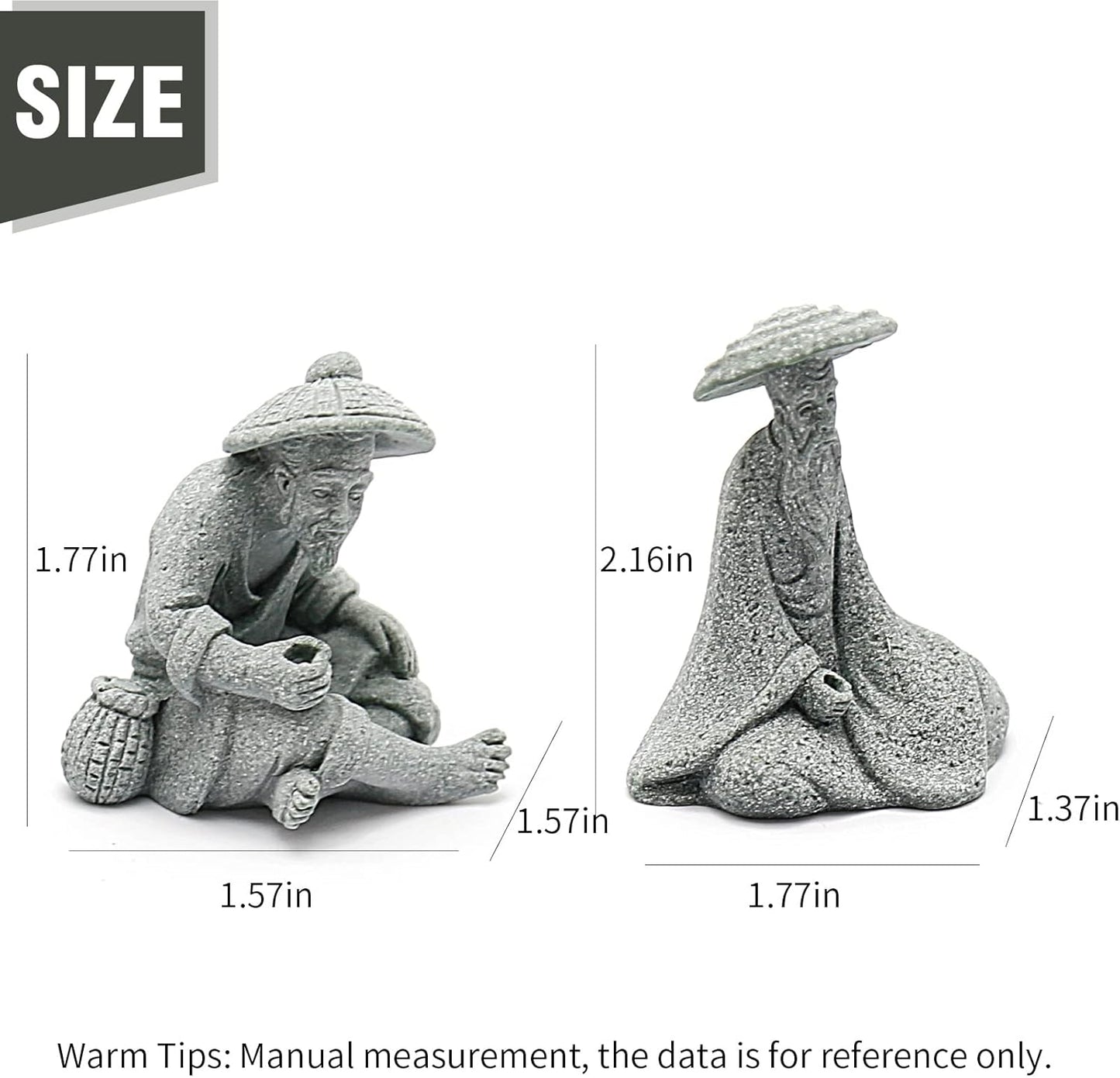 2PCS Mini Sitting Fishing Figurines Sandstone Vintage Ornament Japanese Decor for Fish Tank Pot Garden Home Aquarium Mini Fisherman Statue Asian Zen Decorations