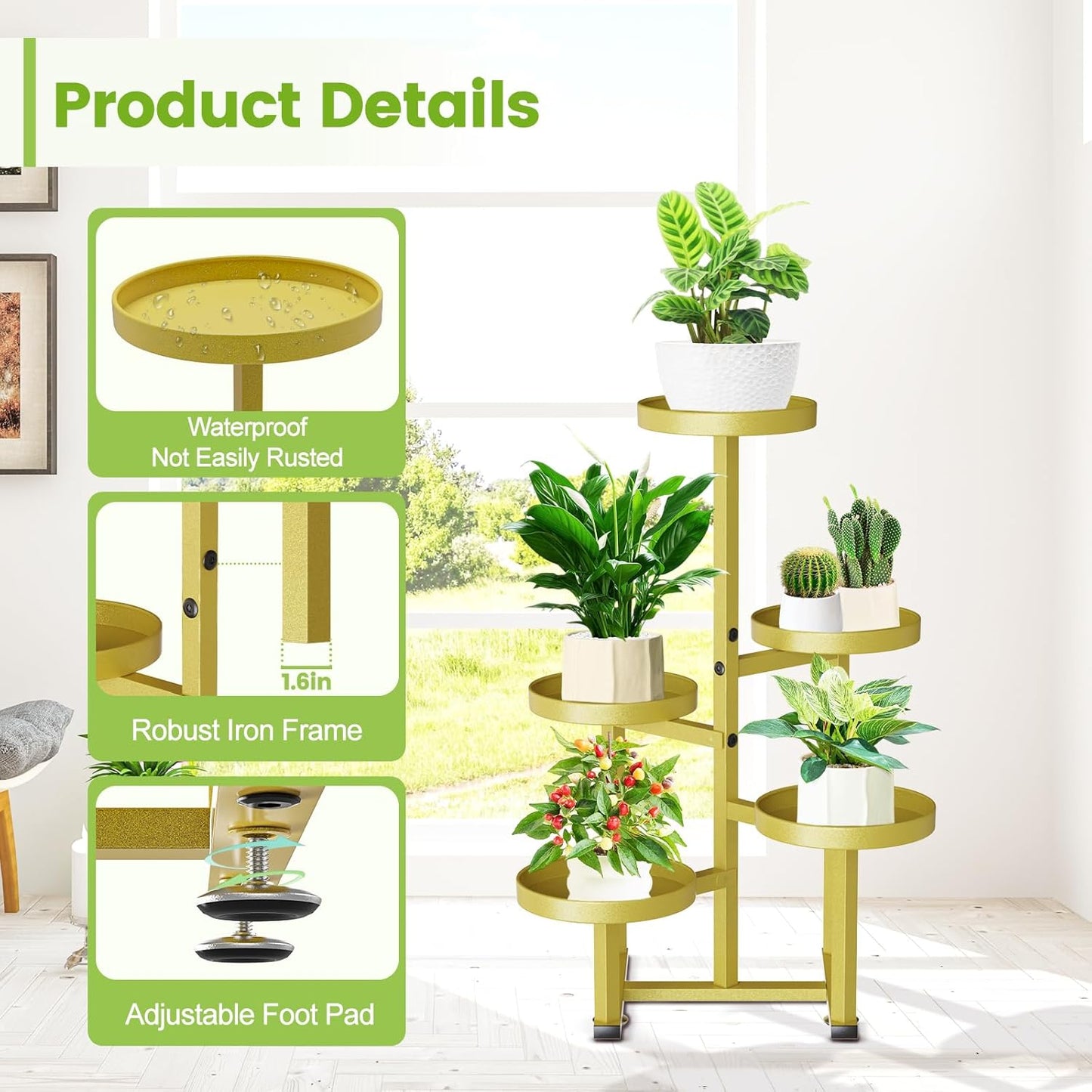 5 Tier Gold Plant Stand Indoor Outdoor, Corner Metal Tiered Plant Shelf for Multiple Plants, Flower Pot Holder Display Rack Shelf for Window Porch Garden Home Decor