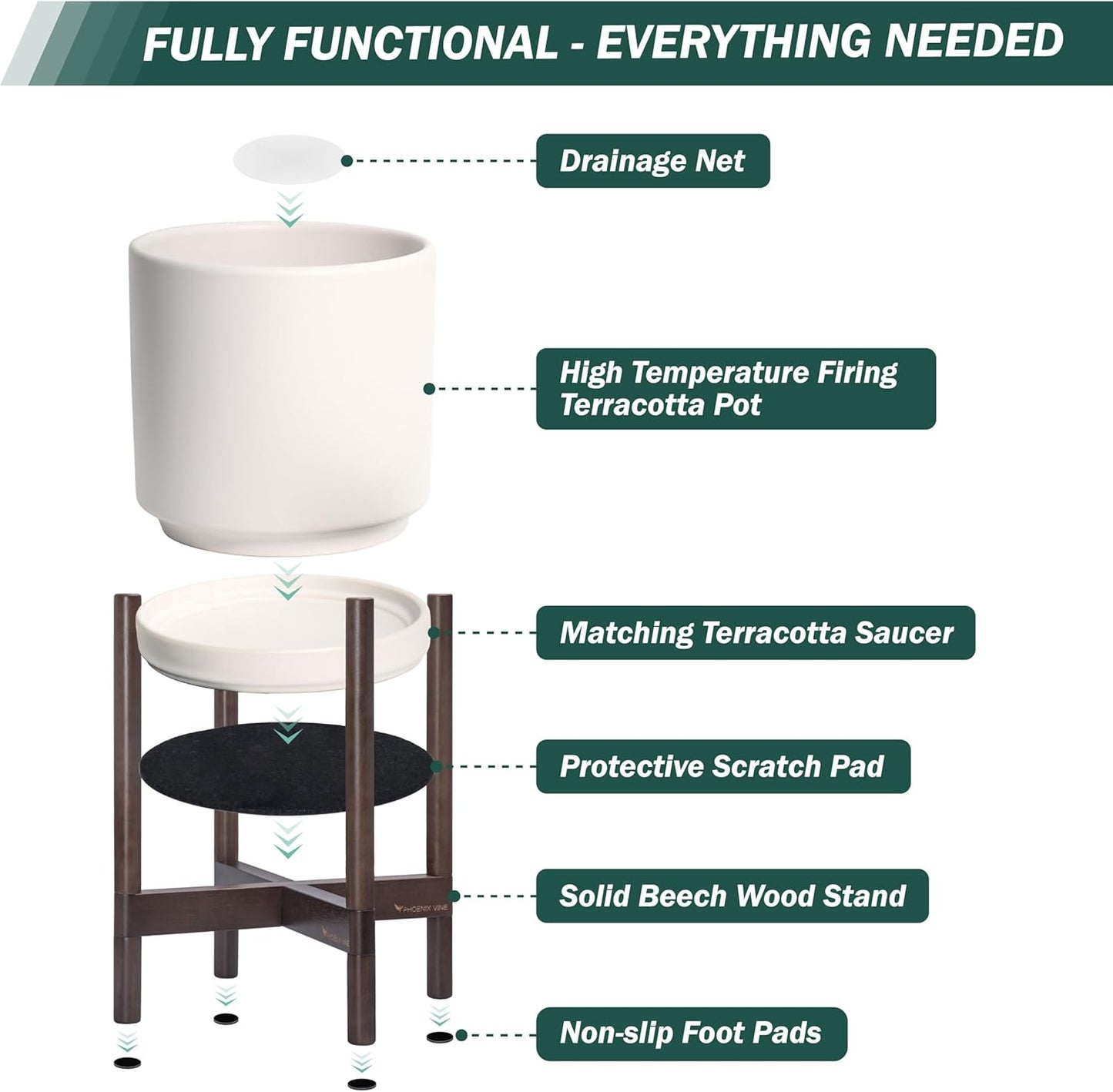 D'vine Dev Ceramic Planter with Walnut Color Stand - 12 Inch Modern Round Flower Pot with Wood Planter Holder, Oatmeal, 55-B-W-8