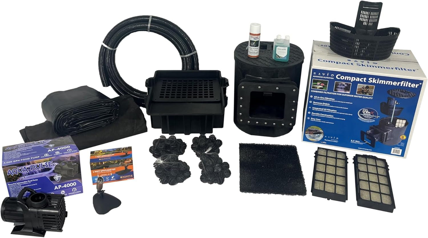 HALF OFF PONDS Savio Select 4,000 GPH Submersible Pump Pond Kit with 15' x 25' PVC Plastic Pond Liner for Water Garden & Koi Pond