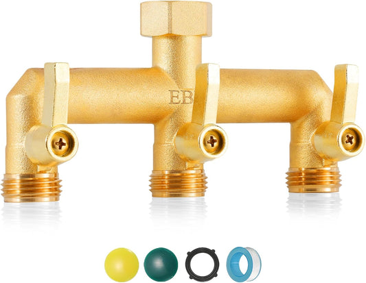 EBH Brass GardenHose Splitter, 3 Way Outdoor Faucet Splitter, 3 Long Metal Handle and Individual On/Off Valve, GHT 3/4-Inch Heavy Duty Hex Female Inlet and 3/4-Inch Male Outlet