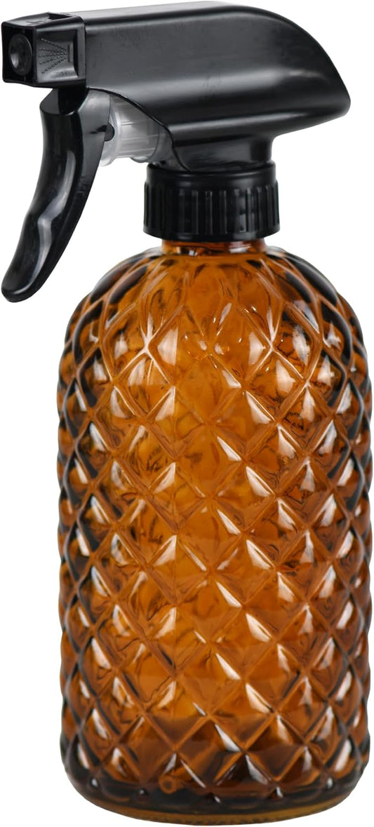 12Oz Glass Plant Spray Bottle, Gem Pattern Glass Sprayer, Watering Can with Black Plastic Top Pump, Handheld Watering Can for Indoor Outdoor Potted Plants and Greenery (Amber)