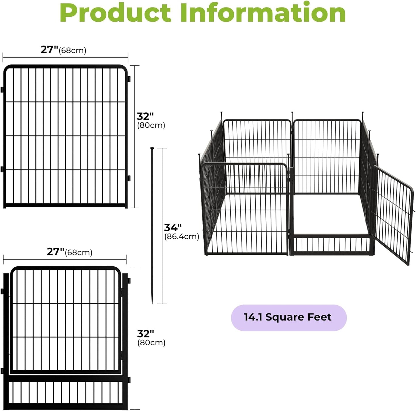 Decorative Garden Fence with Gate 32 in(H) x 17.8 ft(L) 8 Panels, Heavy Duty Metal Animal Barrier Fence for Yard, Flower Bed Fencing, Garden Border Fence, Easy Set Up, Black