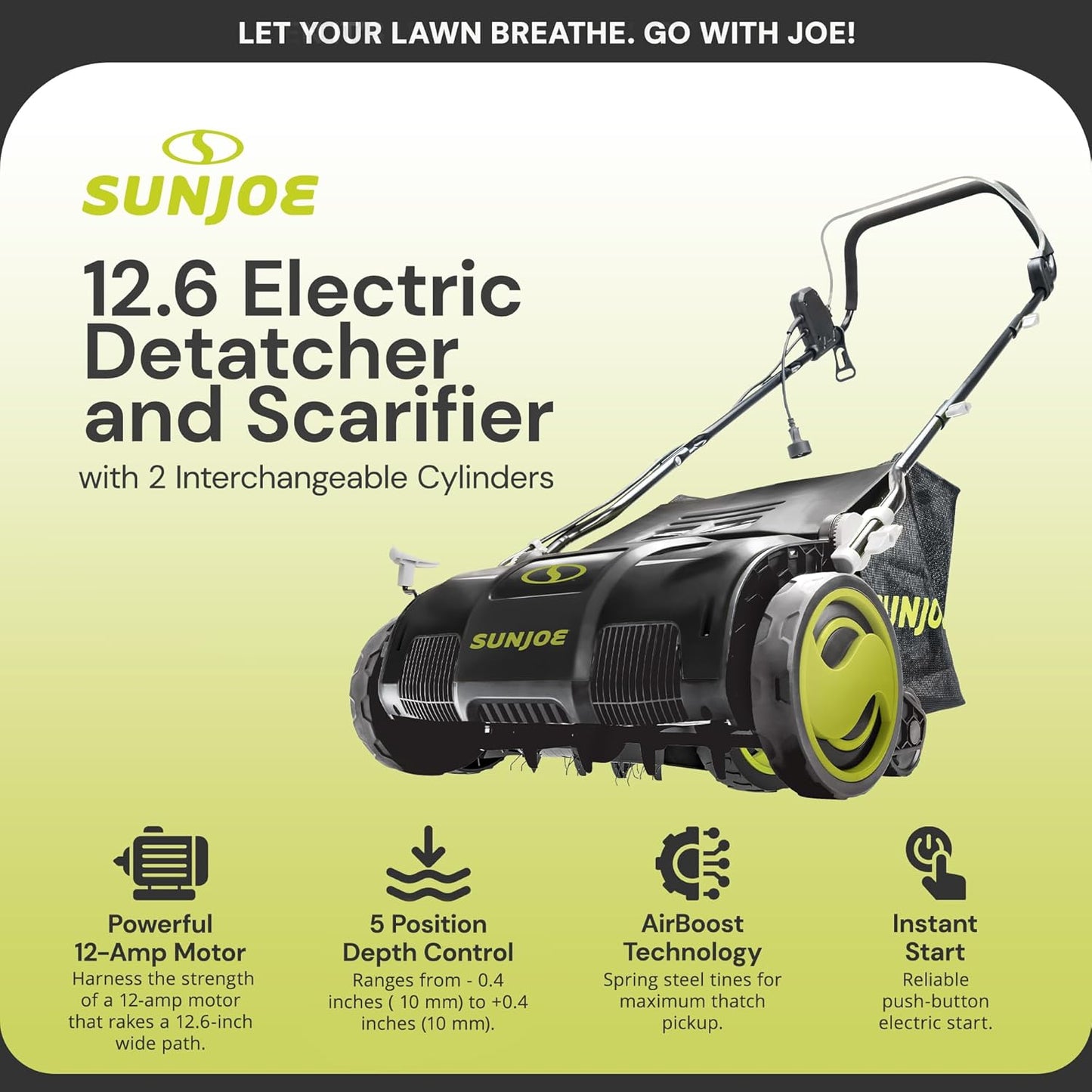 Sun Joe Electric Lawn Dethatcher & Scarifier with 8-Gal Bag, 12 Amp, 12.6 Inch, Black - Heavy Duty Gardening Machine and Equipment for Lawn, Yard, and Grass, AJ801E