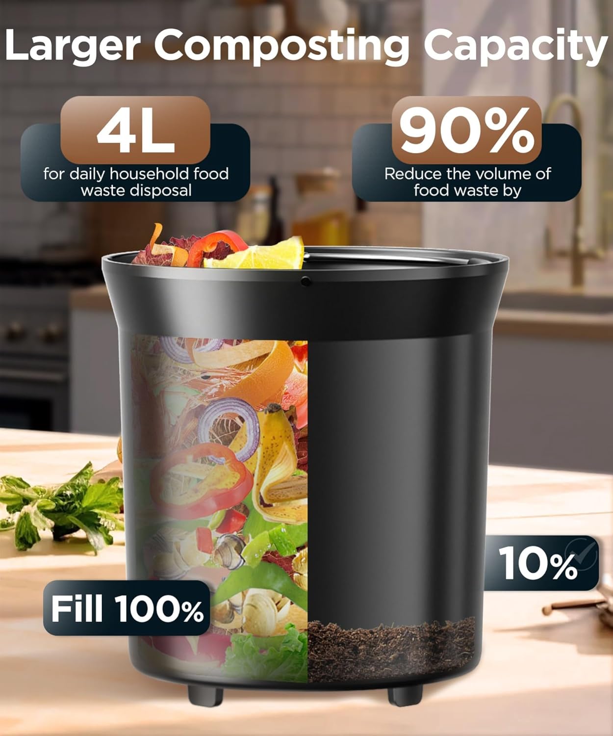 4L Electric Composter for Kitchen, Compost Bin for Countertop with Auto-Cleaning/Odor-Free/LED Display, Turn Kitchen Waste to Dry Compost Fertilizer, Indoor/Outdoor Compost Machine