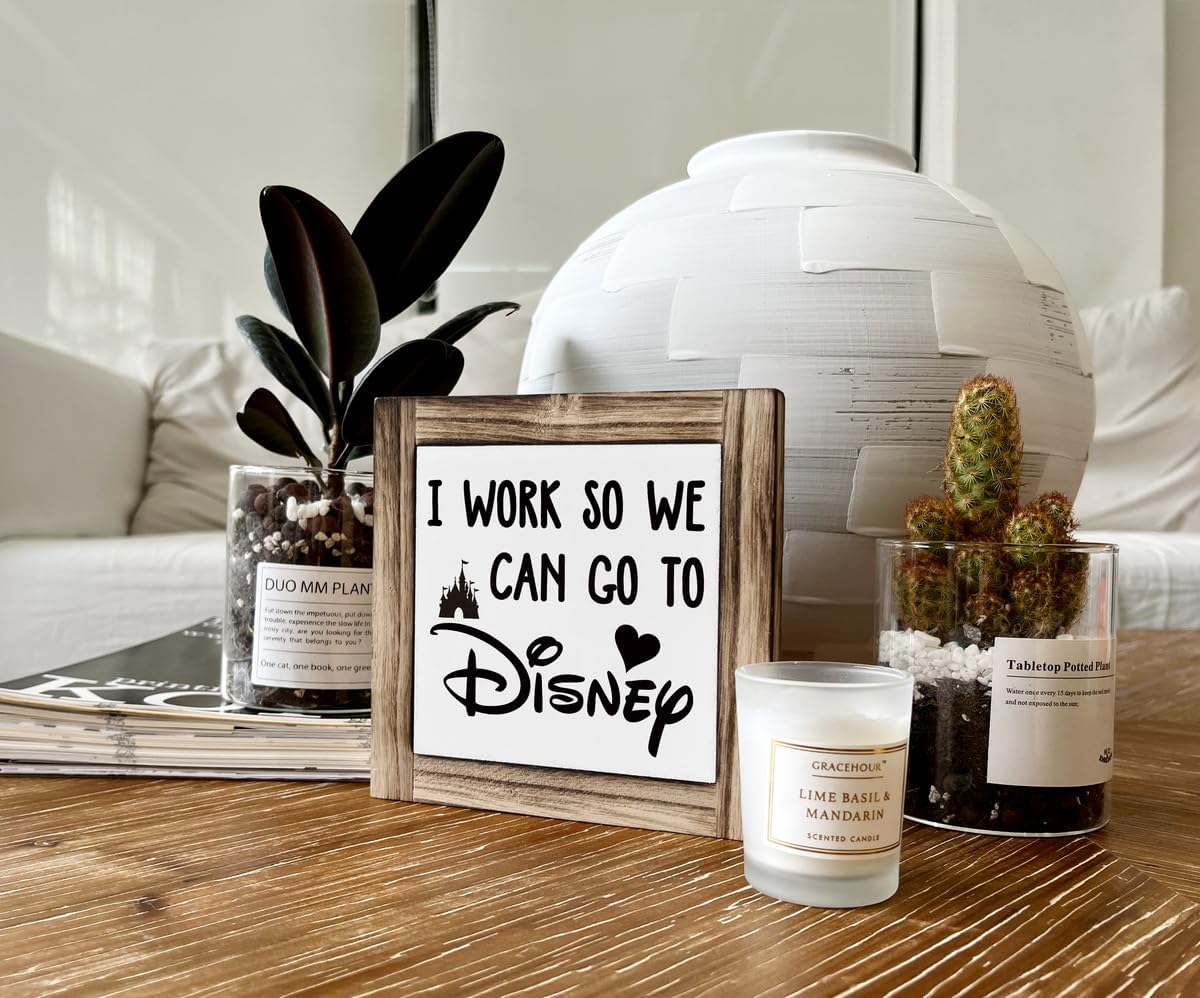 Inspirational Wood Signs, Box Wood Plaques Desk Décor, Decorative Plaques and Signs, Rustic Office Decor Art, Motivational Office Desk Decor, Farmhouse House Decoration, I Work So We Can Go to Disney