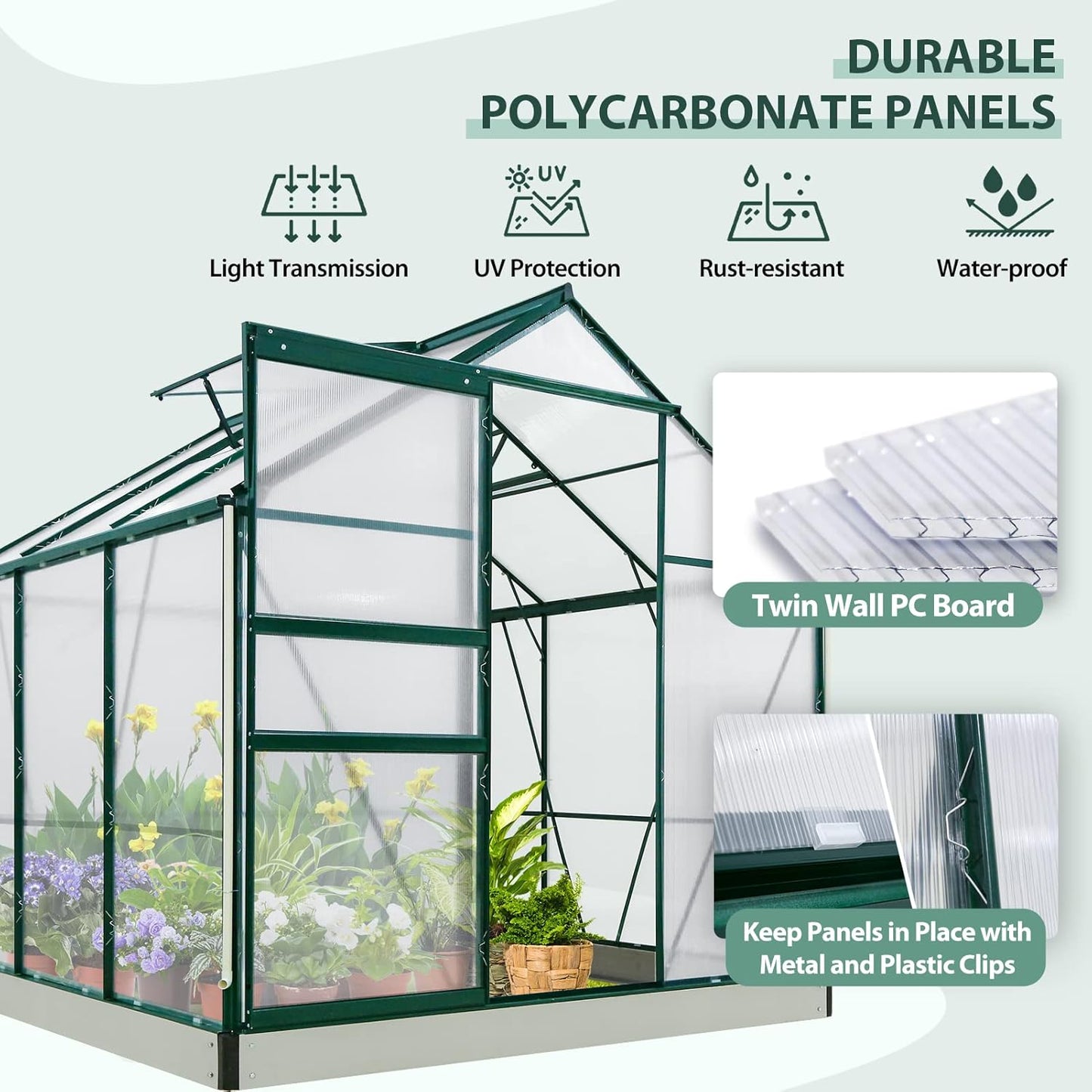 EAGLE PEAK 10x6x7 Outdoor Walk-in Hobby Greenhouse with Adjustable Roof Vent and Rain Gutter, Base and Anchor, Polycarbonate Aluminum Green House for Backyard Garden, Dark Green