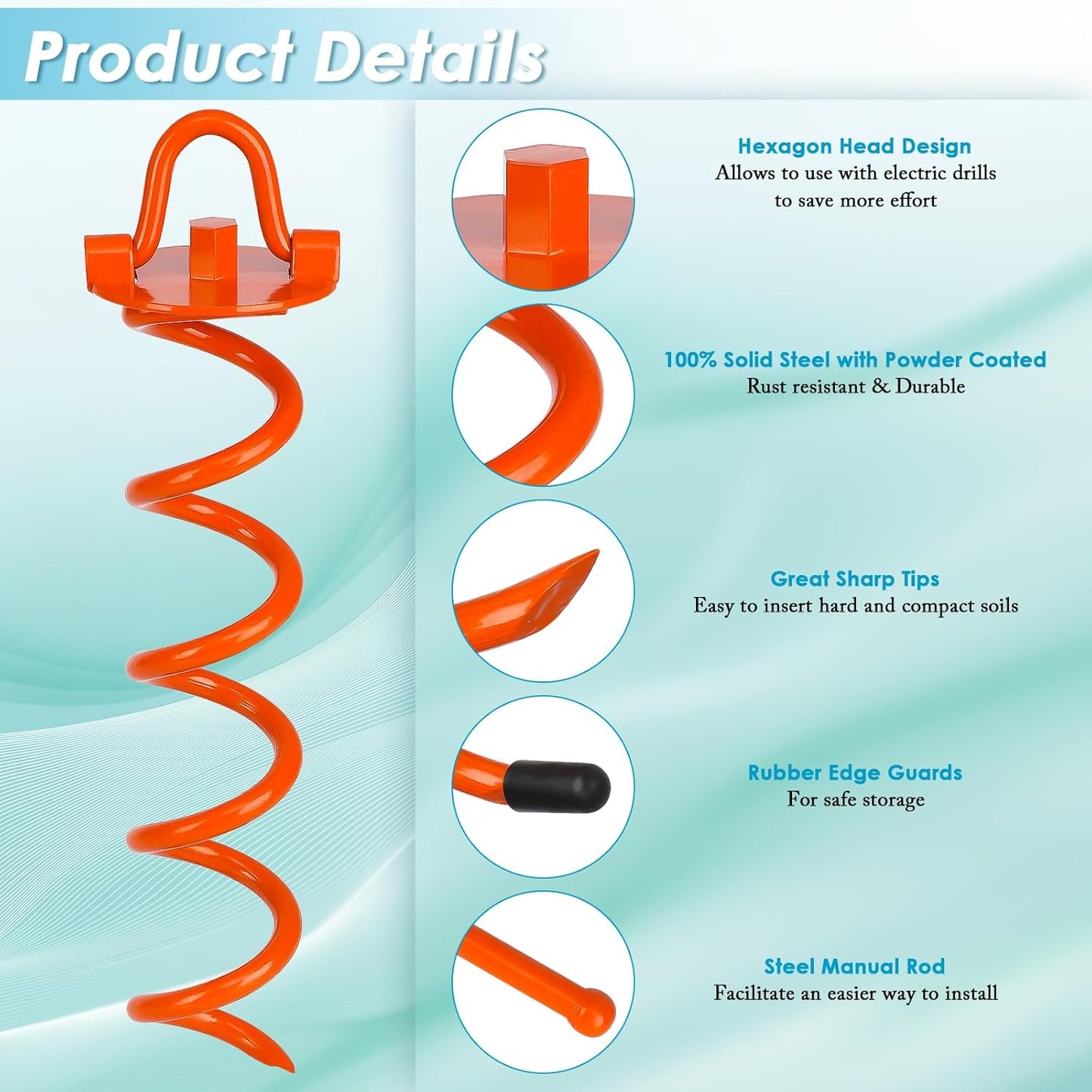 FEED GARDEN 12.2 Inch Spiral Ground Anchors Heavy Duty Screw in Spiral Stakes, 4 Pack Folding Ring Ground Stakes for Securing Dogs,Tents, Trampolines, Canopies, Swing Sets,Orange