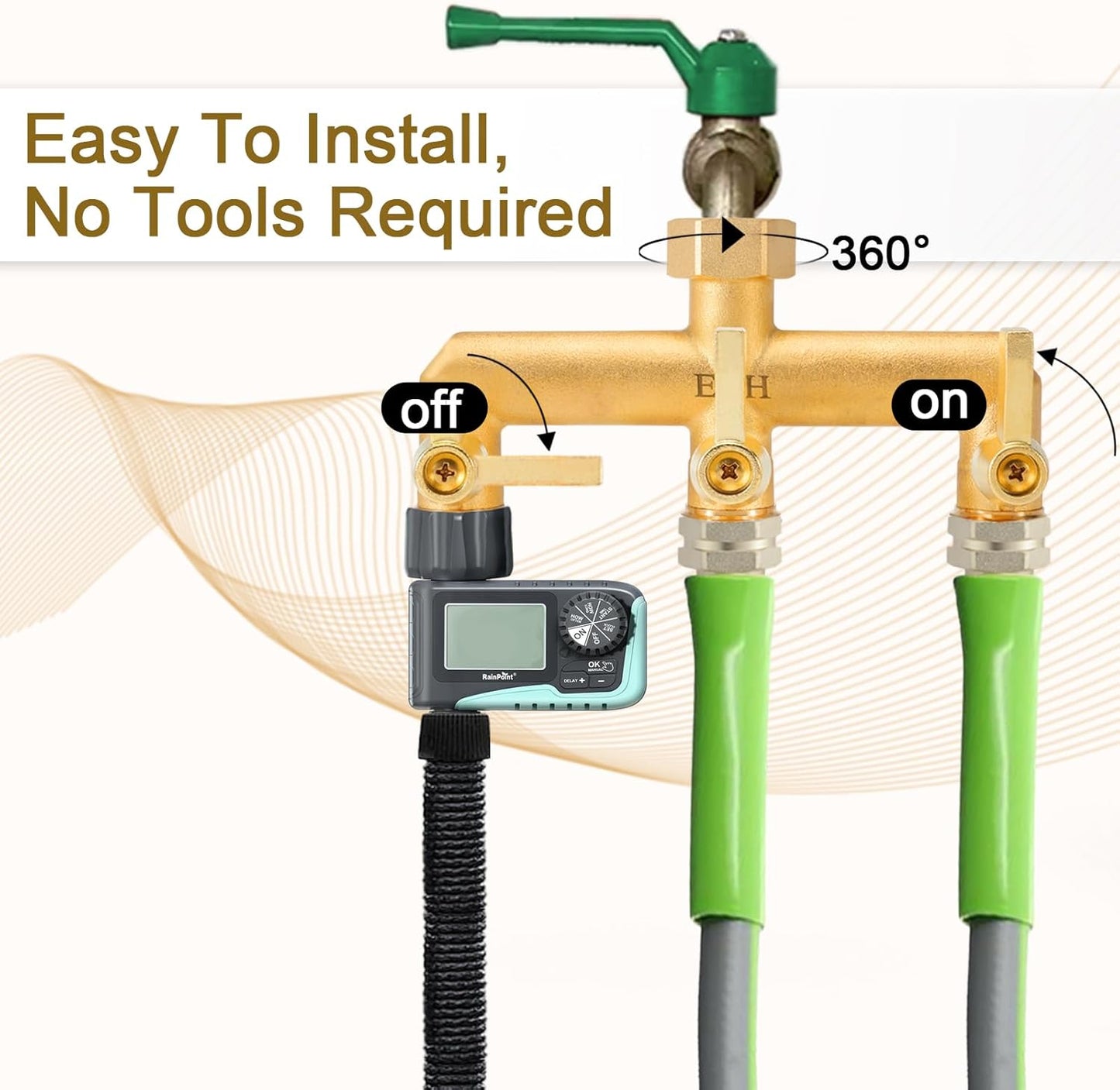 EBH Brass GardenHose Splitter, 3 Way Outdoor Faucet Splitter, 3 Long Metal Handle and Individual On/Off Valve, GHT 3/4-Inch Heavy Duty Hex Female Inlet and 3/4-Inch Male Outlet