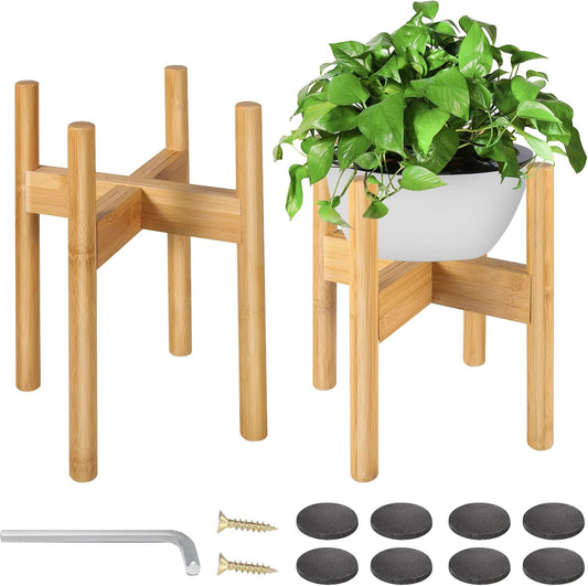 FJO 2Pcs Adjustable Plant Stand Indoor - Bamboo Plant Stands, Bamboo Mid Century Modern Plants Stands, Plant Holder for Living Room Fits 8 to 12 Inches Pots(Pot & Plant Not Included) (Natural)