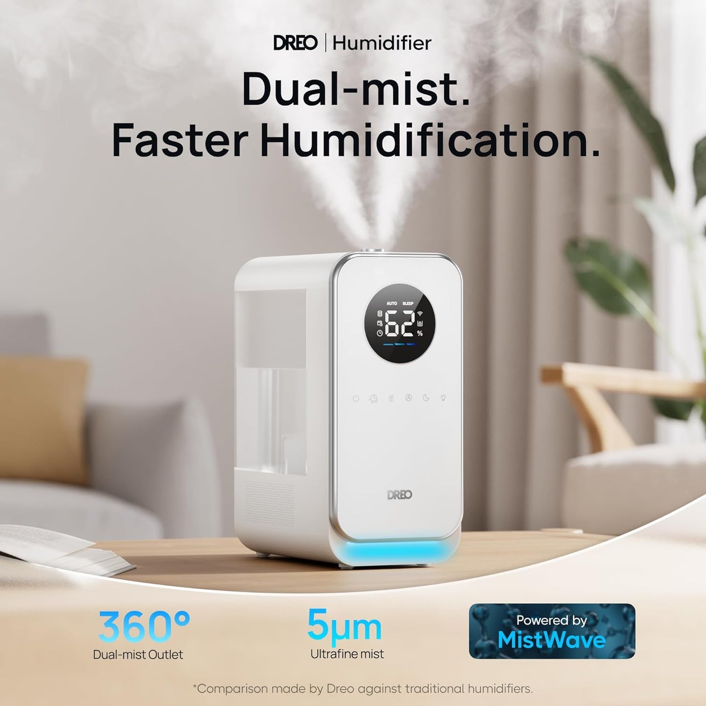 Dreo Humidifiers for Bedroom, Top-filled Smart Quiet Cool Mist Humidifier for Large Room, 50 Hours Runtime for Home, Indoor Plants, Oil Diffuser & Nightlight for Baby Nusery, 5L, with Alexa/Google