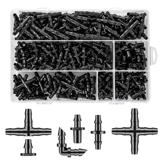 300 Pcs Barbed Connectors Drip Irrigation Fittings Kit, 1/4" Drip Irrigation Kit for Garden Flower Pot Greenhouse Lawn (Straight Barbs,Single Barbs,Tees,Elbows,End Plug,4-Way Coupling)