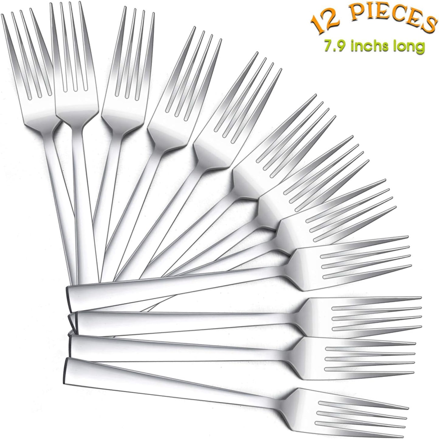 Dinner Forks Set of 12, E-far 7.9 Inch Stainless Steel Forks for Home, Kitchen or Restaurant, Non-toxic & Mirror Polished, Squared Edge & Dishwasher Safe